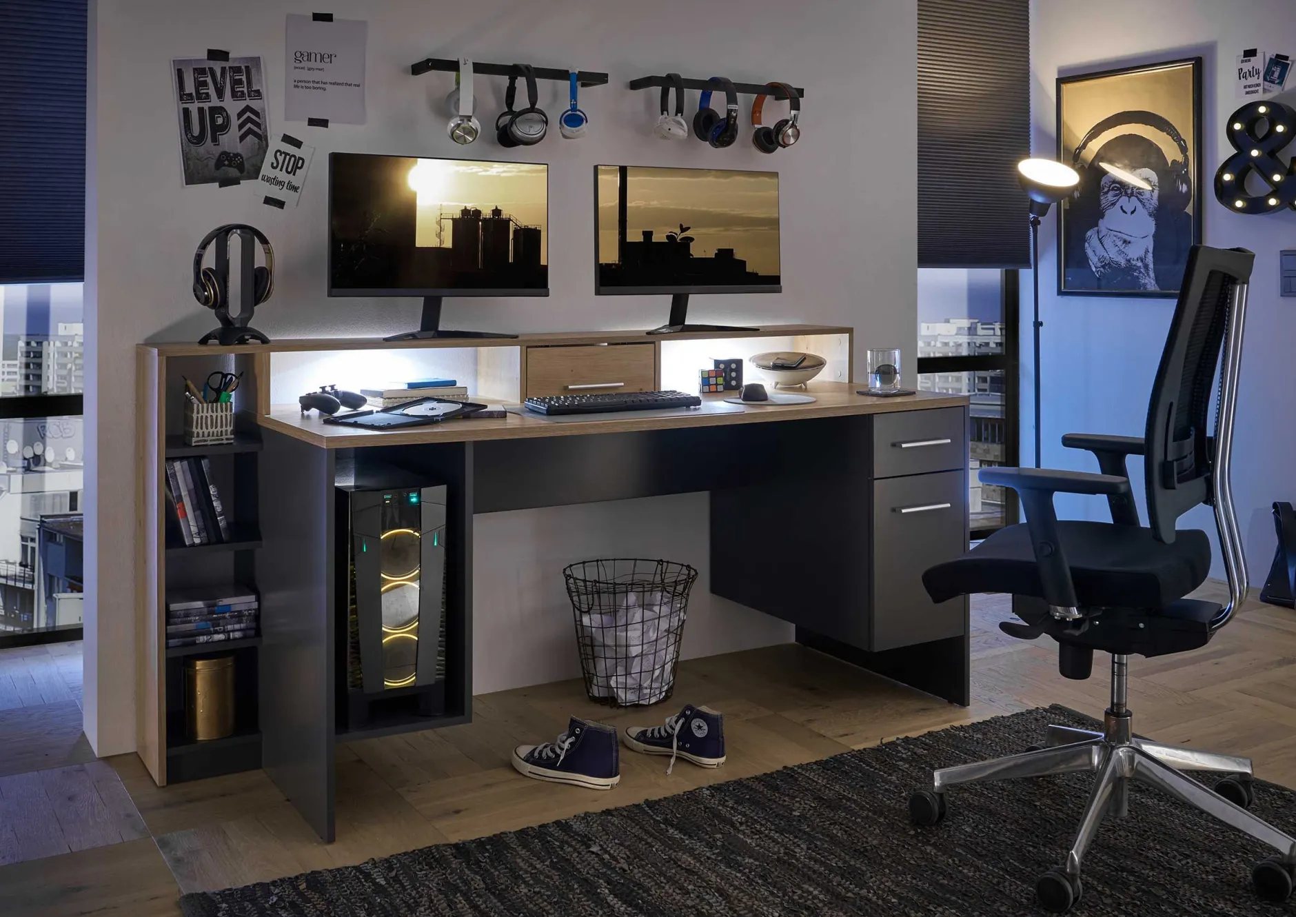 Gaming-Schreibtisch Tudi inkl. Lampe - grau/holz