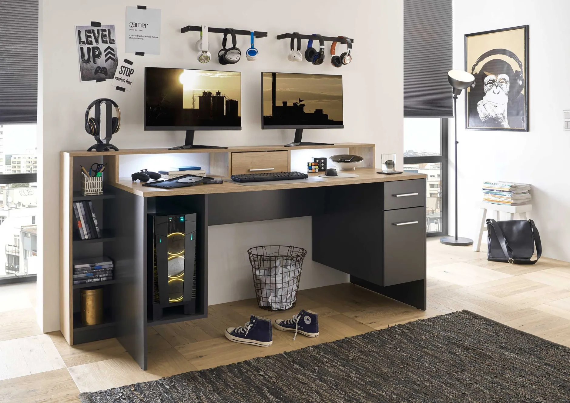 Gaming-Schreibtisch Tudi inkl. Lampe - grau/holz