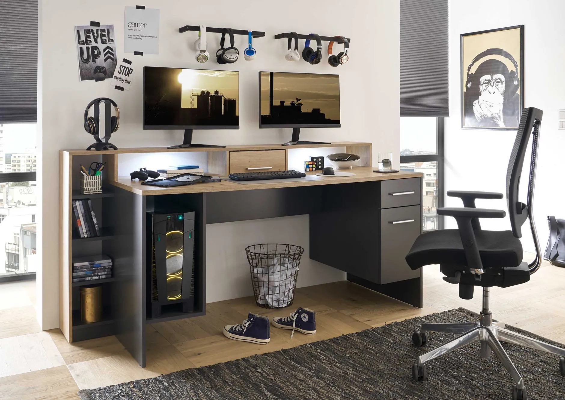Gaming-Schreibtisch Tudi inkl. Lampe - grau/holz