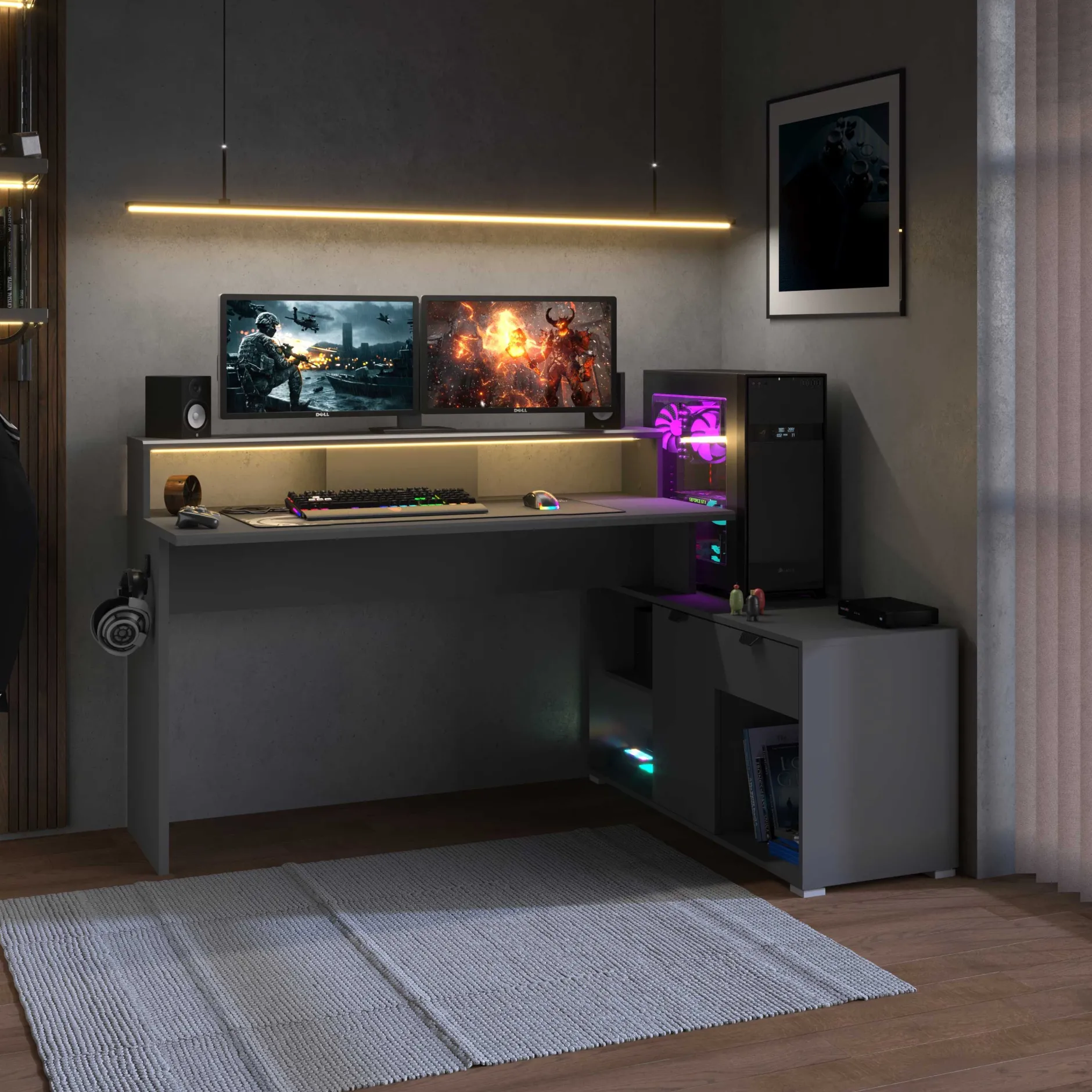 Gaming-Schreibtisch Vortex - 229x60x95cm - mit LED-Beleuchtung - dunkelgrau