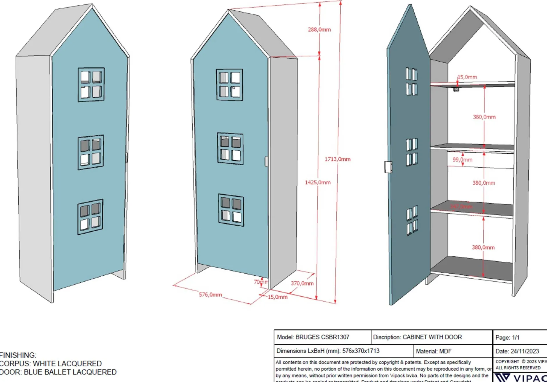 Garderobe Casami Bruges - 58x37x172 cm - Blau