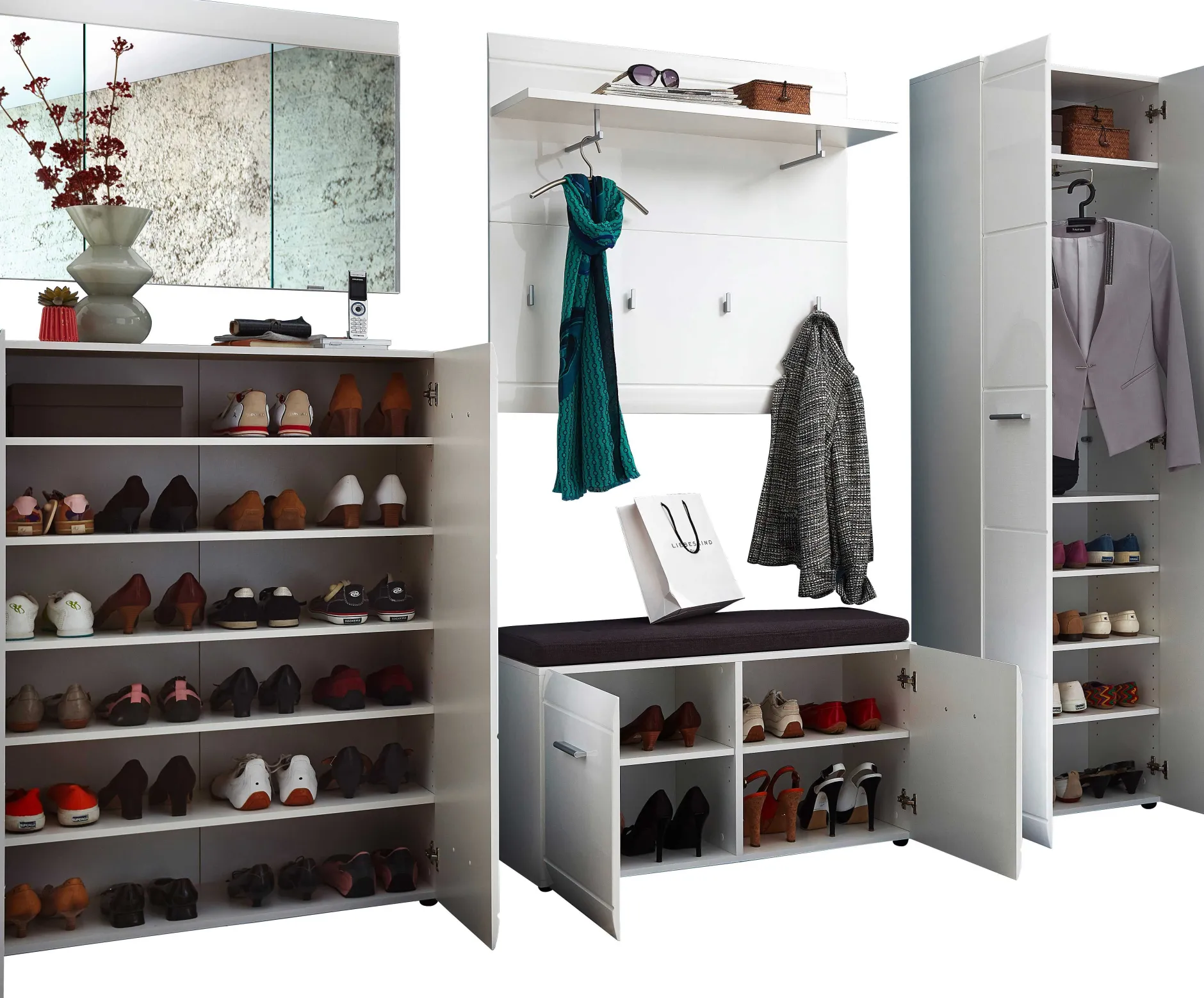 Garderobenset Allan | Schuhschrank, Dielenbank, Wandspiegel, Wandpaneel, Garderobe | Weiß
