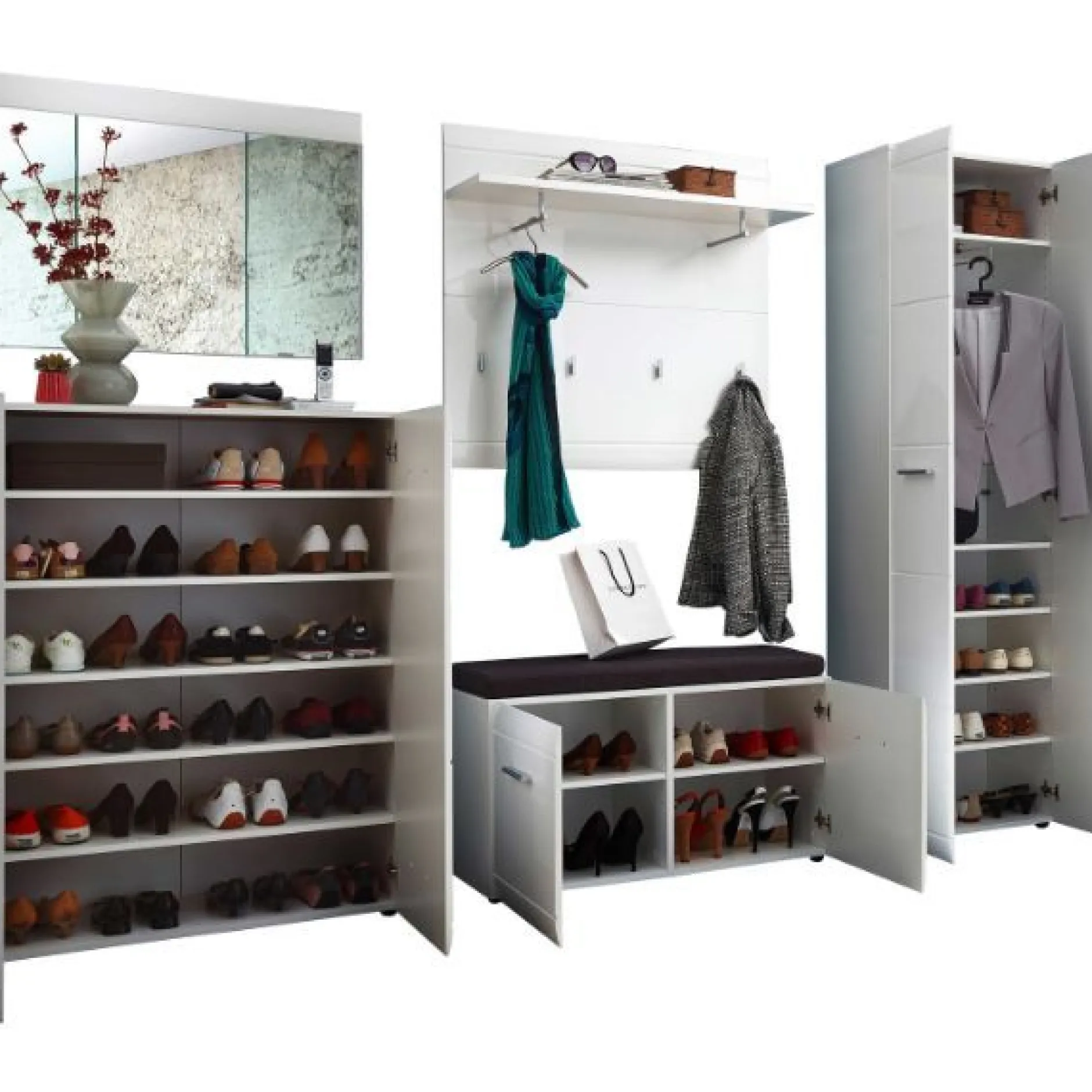 Garderobenset Allan | Schuhschrank, Dielenbank, Wandspiegel, Wandpaneel, Garderobe | Weiß