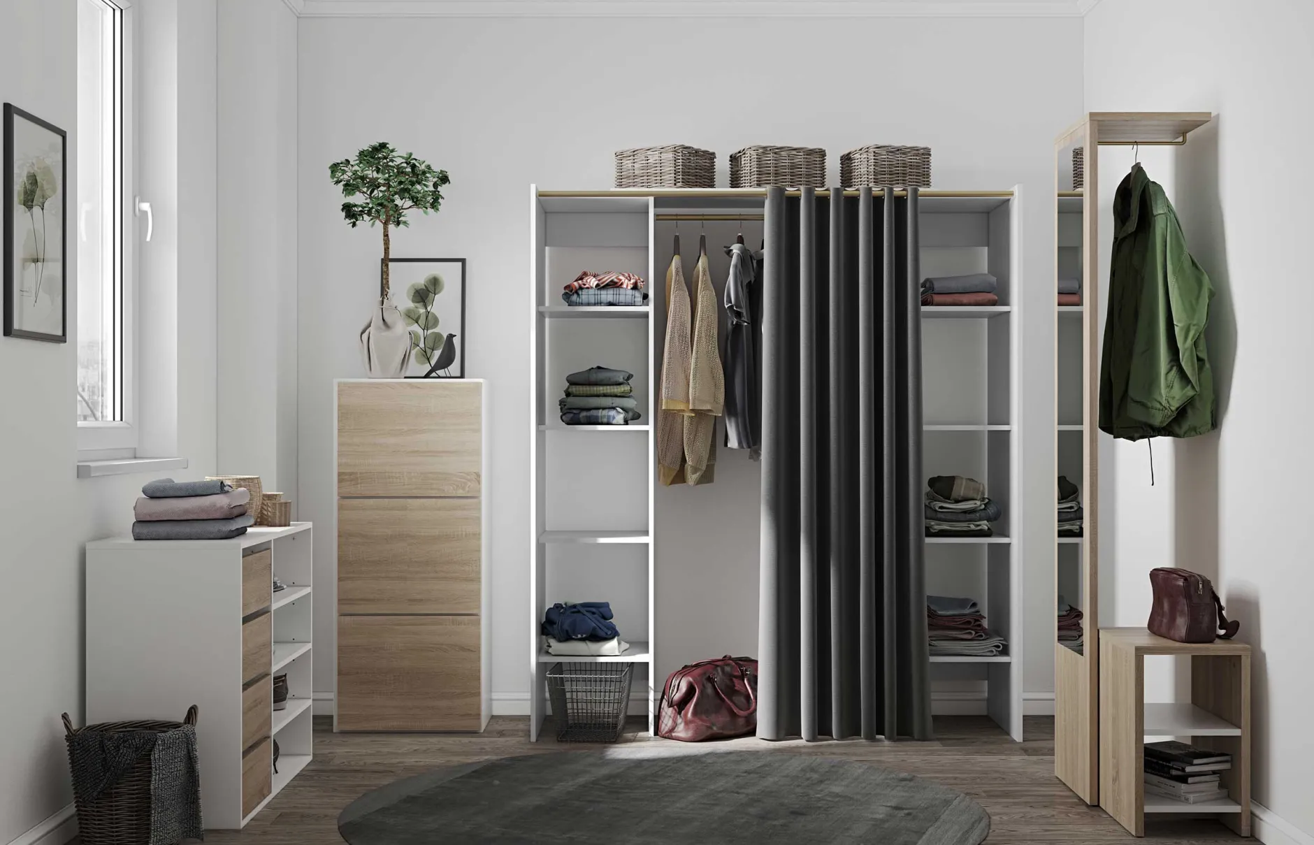 Garderobe Spike 112/185cm mit Vorhang - weiß/grau