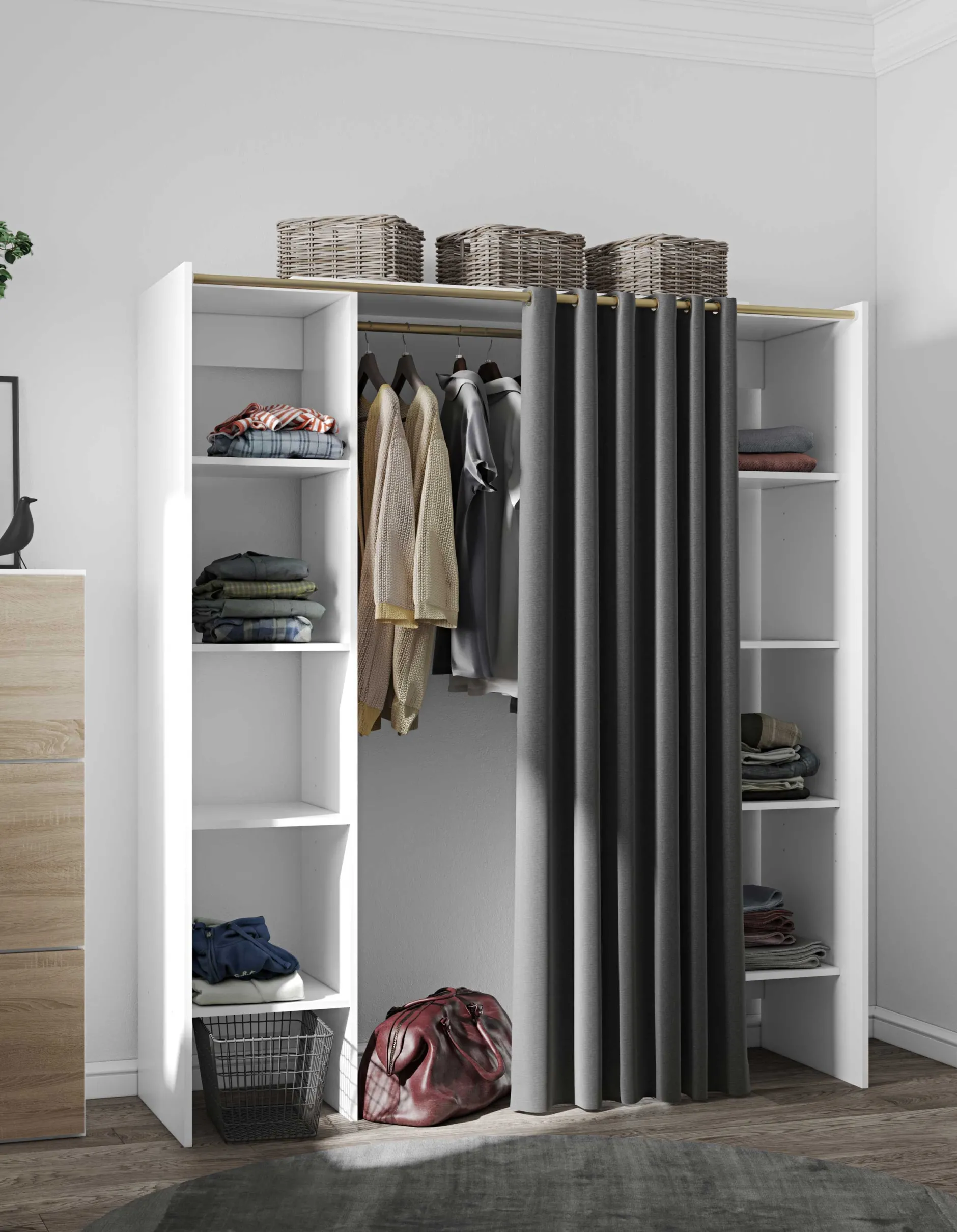 Garderobe Spike 112/185cm mit Vorhang - weiß/grau