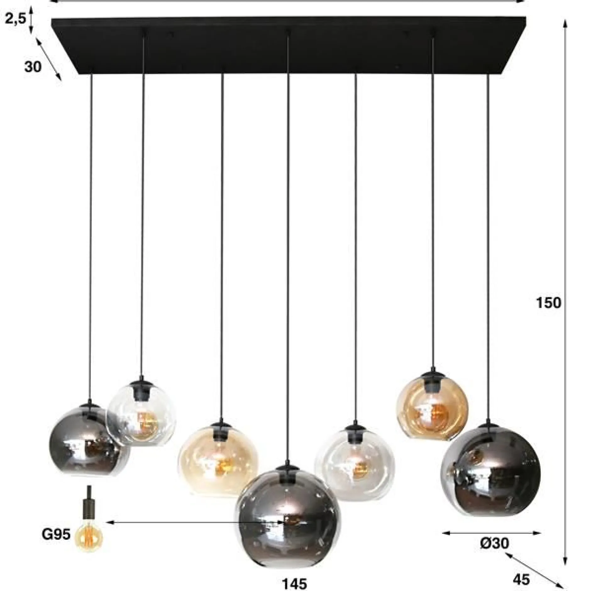GlennHängeleuchte -Chrom/Amber/Lichtgrau