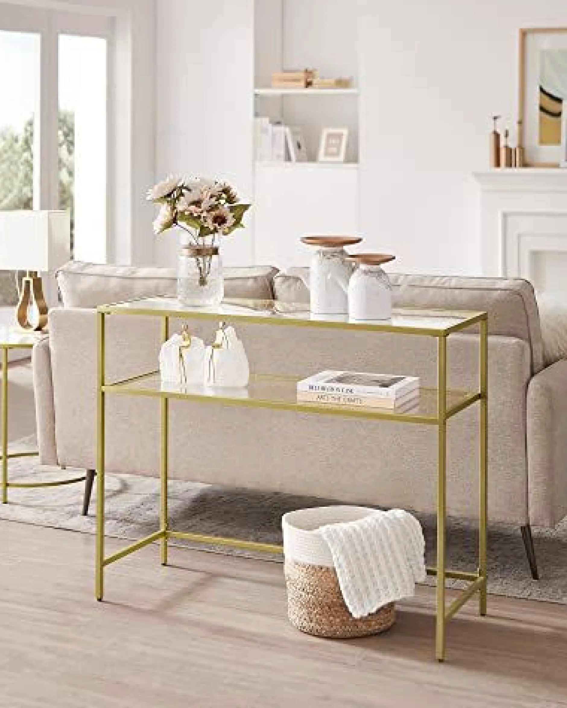 Gold Konsolentisch - Modern 2 Regale aus gehärtetem Glas mit Metallrahmen und verstellbaren Füßen