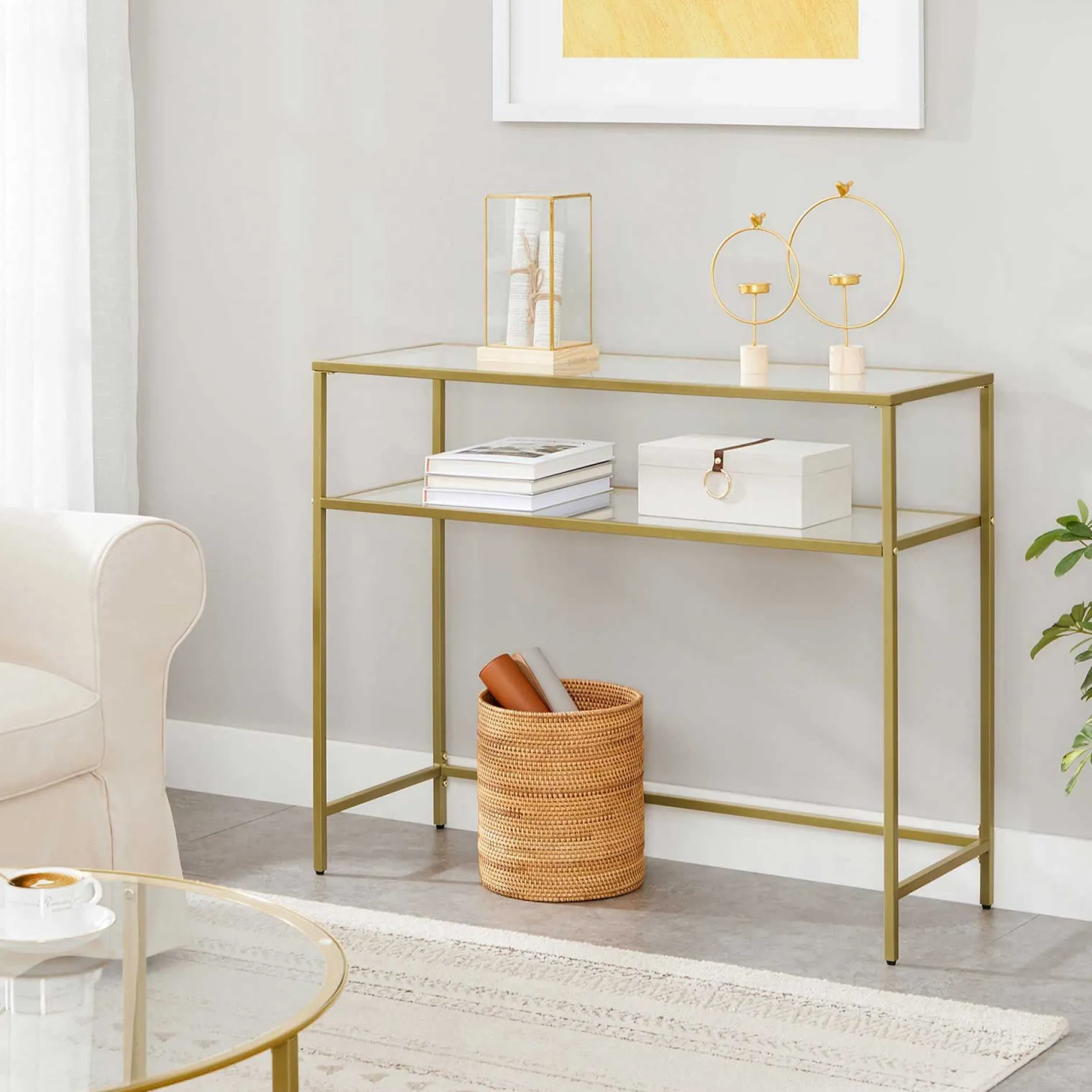 Gold Konsolentisch - Modern 2 Regale aus gehärtetem Glas mit Metallrahmen und verstellbaren Füßen