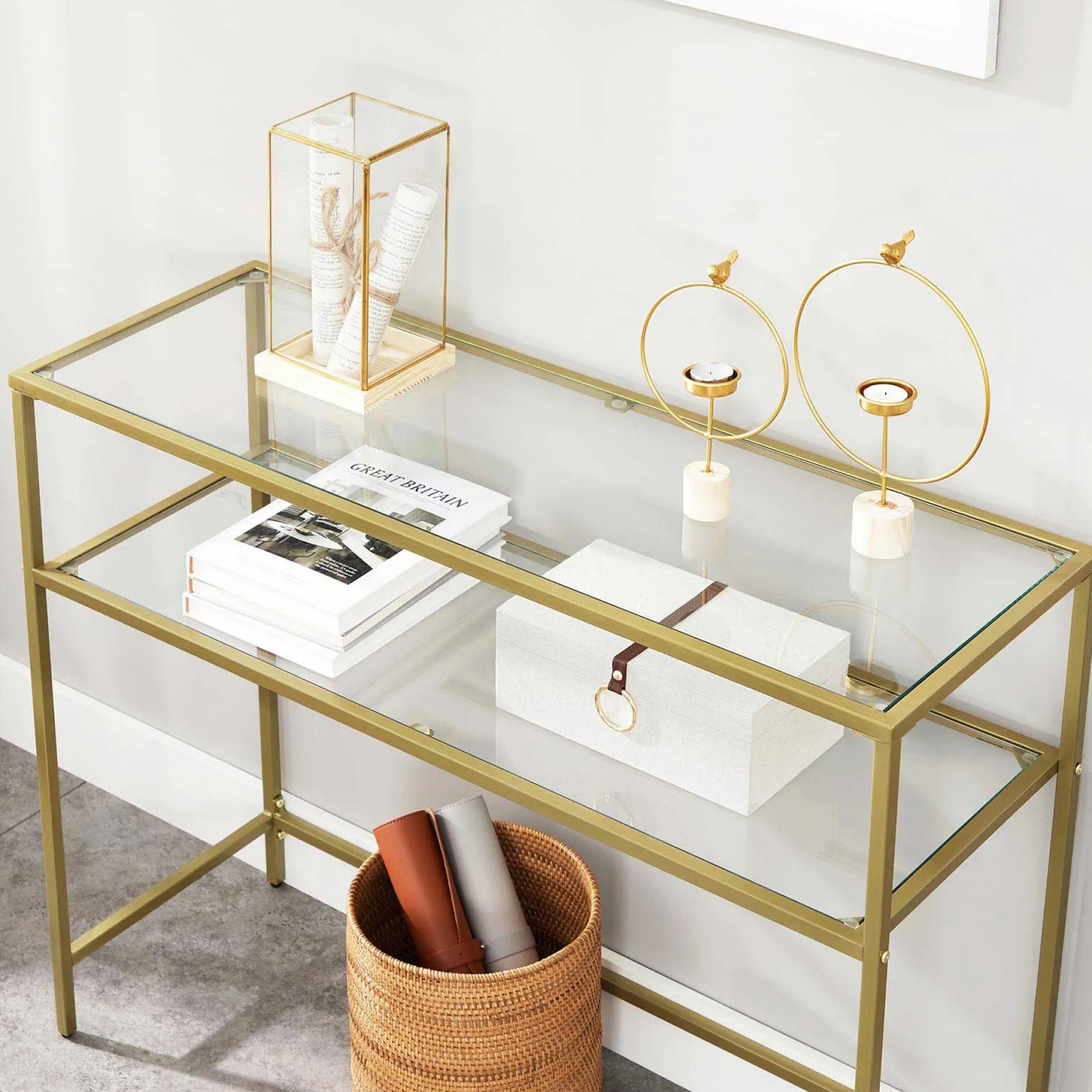 Gold Konsolentisch - Modern 2 Regale aus gehärtetem Glas mit Metallrahmen und verstellbaren Füßen