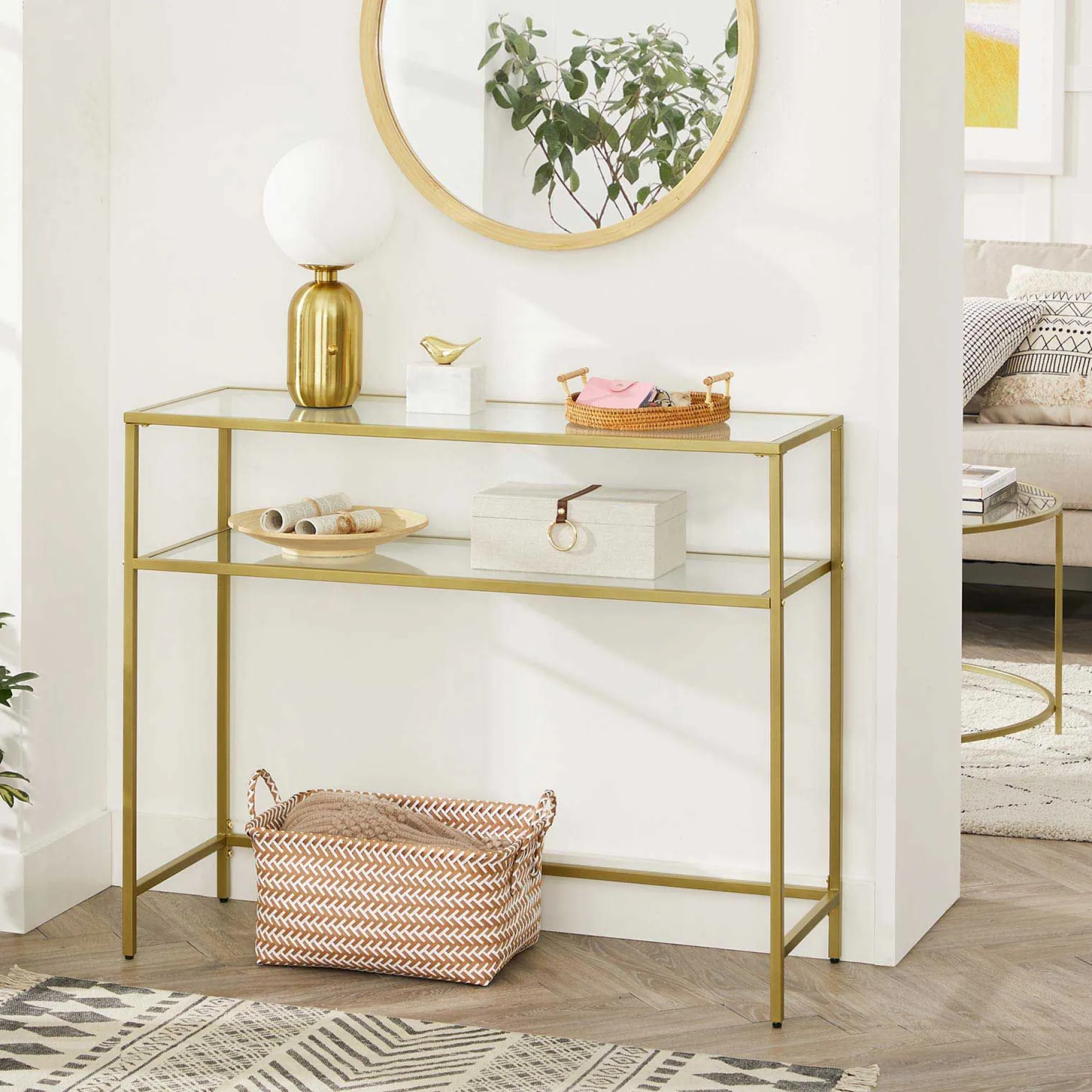Gold Konsolentisch - Modern 2 Regale aus gehärtetem Glas mit Metallrahmen und verstellbaren Füßen