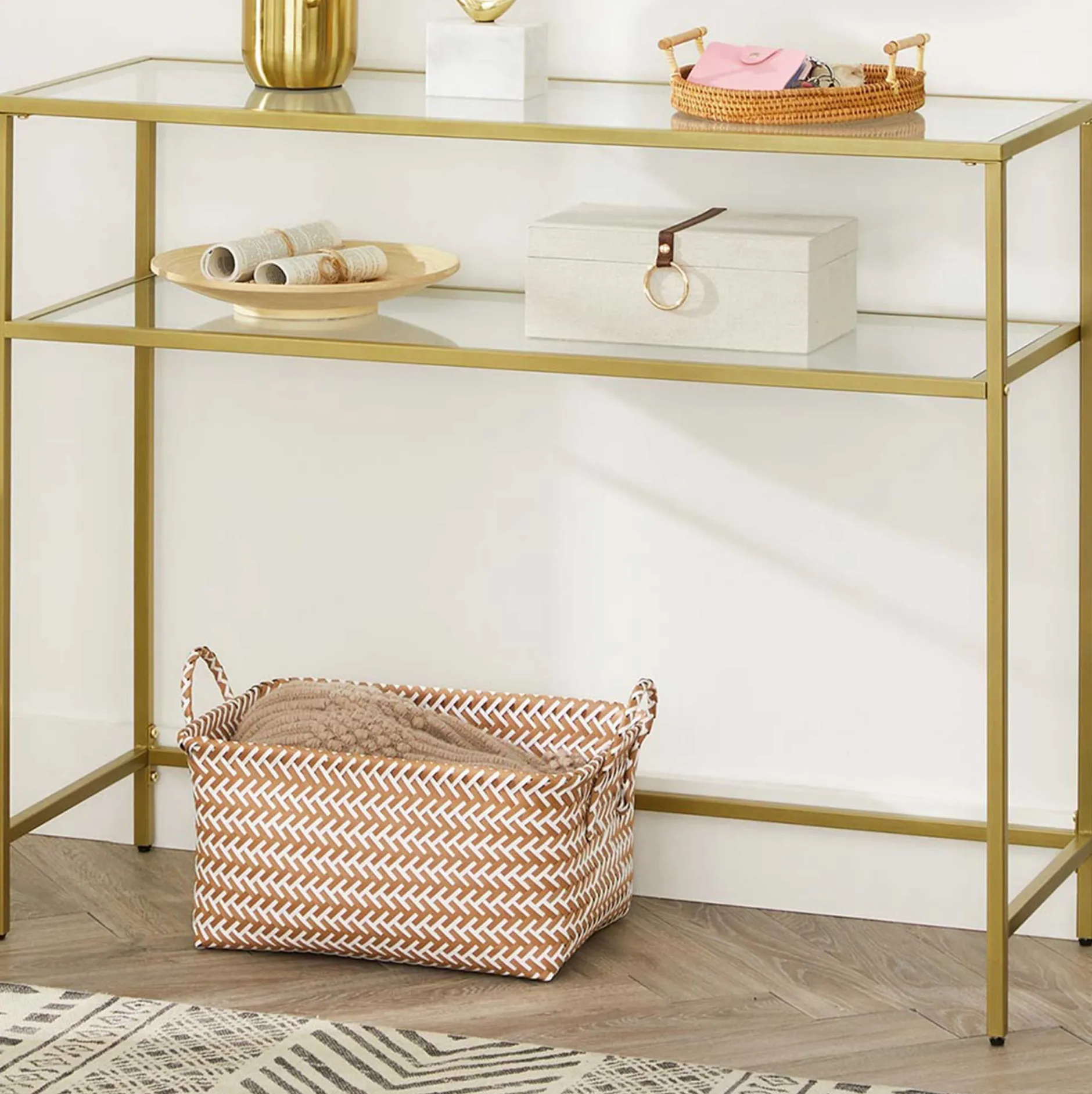 Gold Konsolentisch - Modern 2 Regale aus gehärtetem Glas mit Metallrahmen und verstellbaren Füßen