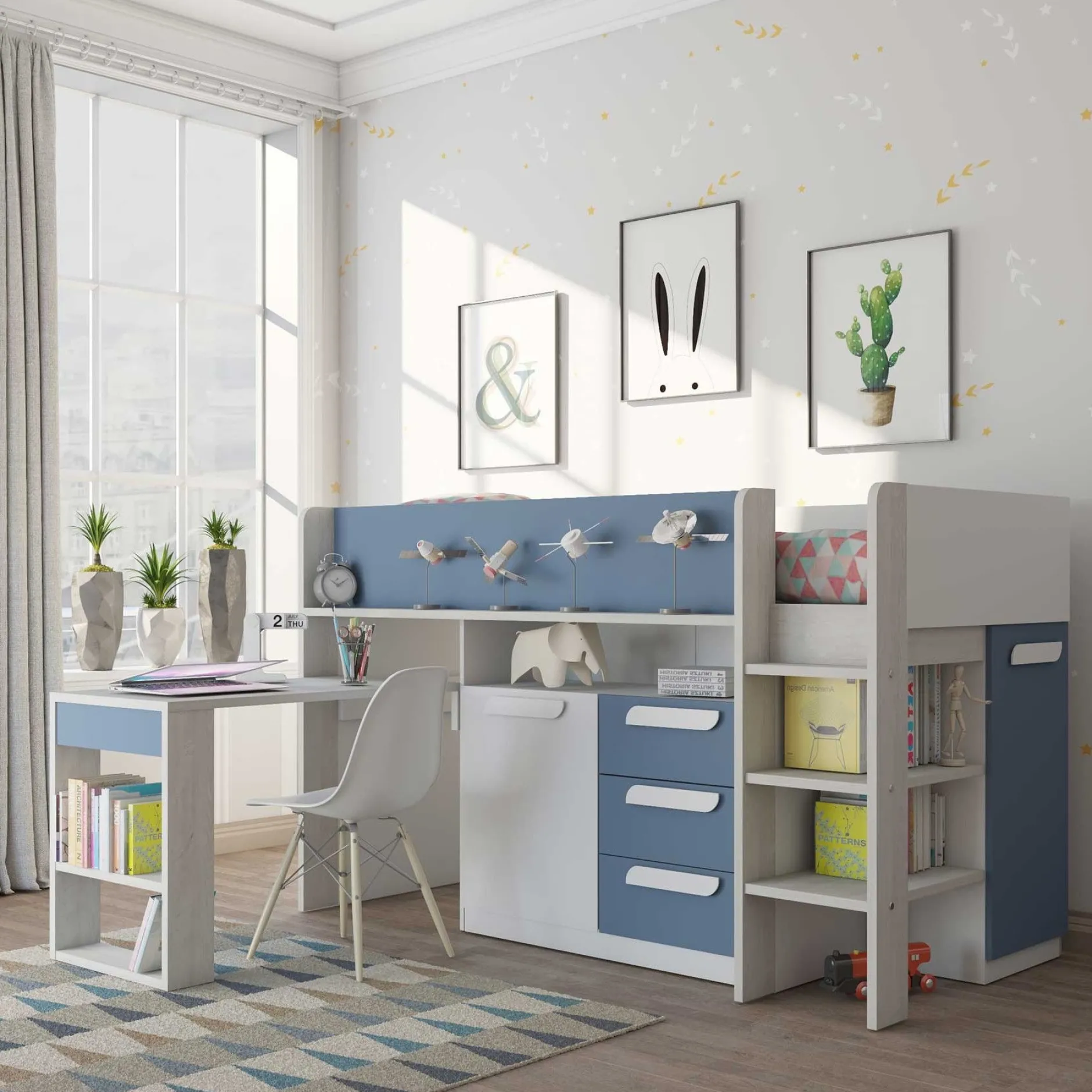 Halbhochbett Beau 90x200 mit Schreibtisch - dunkelblau