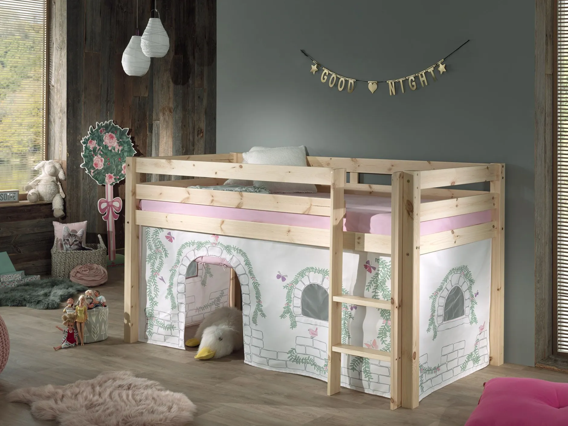 Halbhochbett Charlotte mit Bettzelt Birdy - Kieferholz