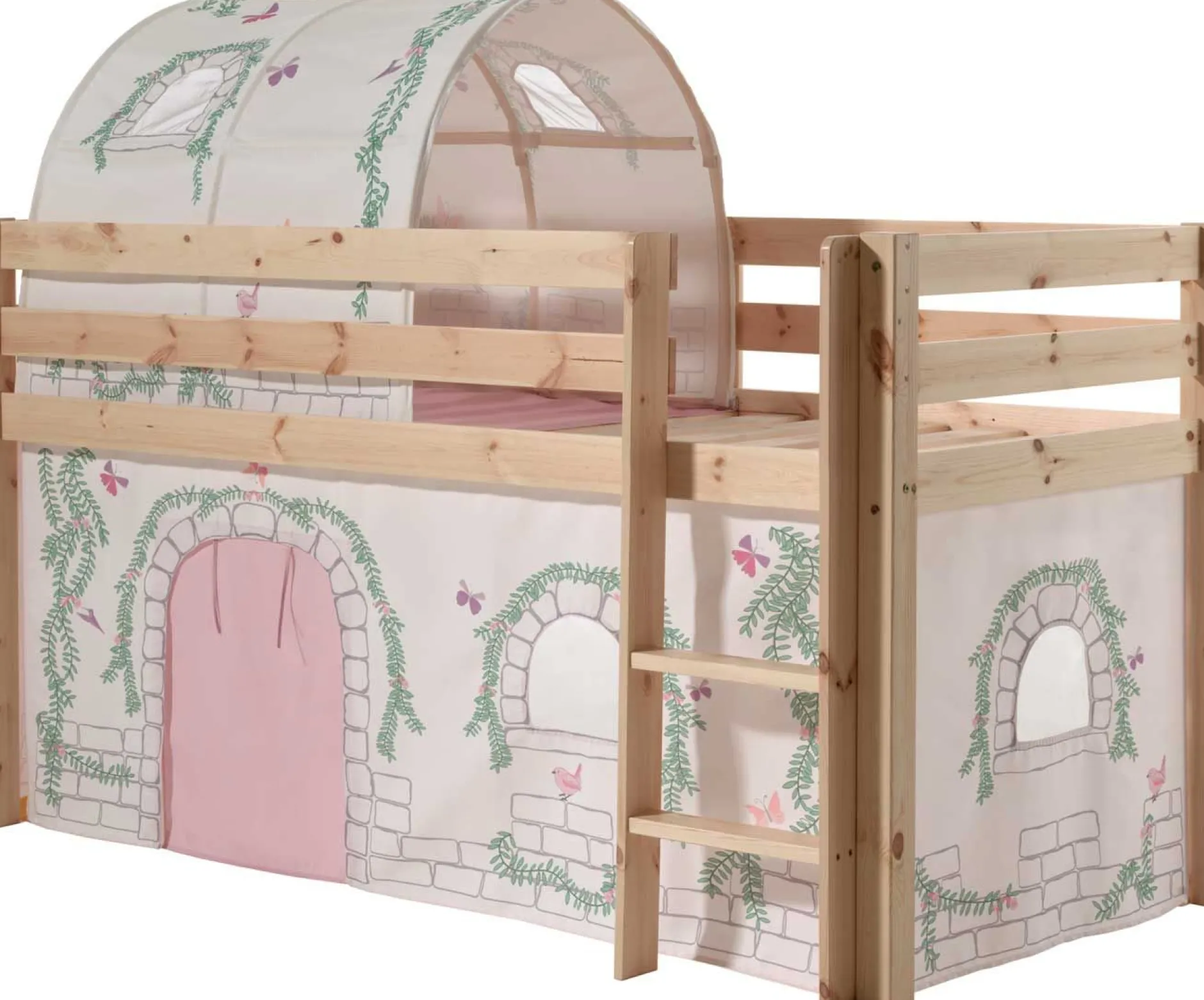 Halbhochbett Charlotte mit Bettzelt und Betttunnel Birdy - kieferholz