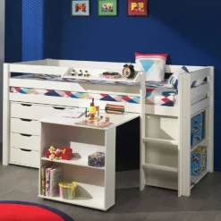 Halbhochbett Charlotte mit Regal, Schreibtisch, Bibliothek und Kommode - weiß