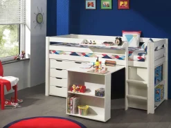 Halbhochbett Charlotte mit Regal, Schreibtisch, Bibliothek und Kommode - weiß