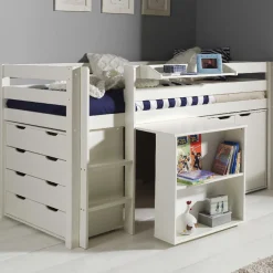 Halbhochbett Charlotte mit Regal, Schreibtisch, Kommode und Kommode - weiß