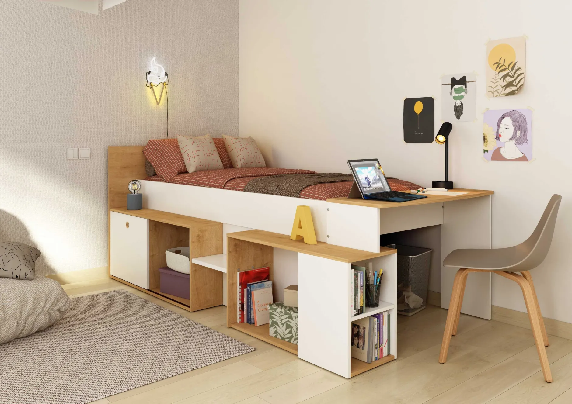 Halbhochbett Gaby mit Schreibtisch - 118x239x96 cm - Weiß/Eiche