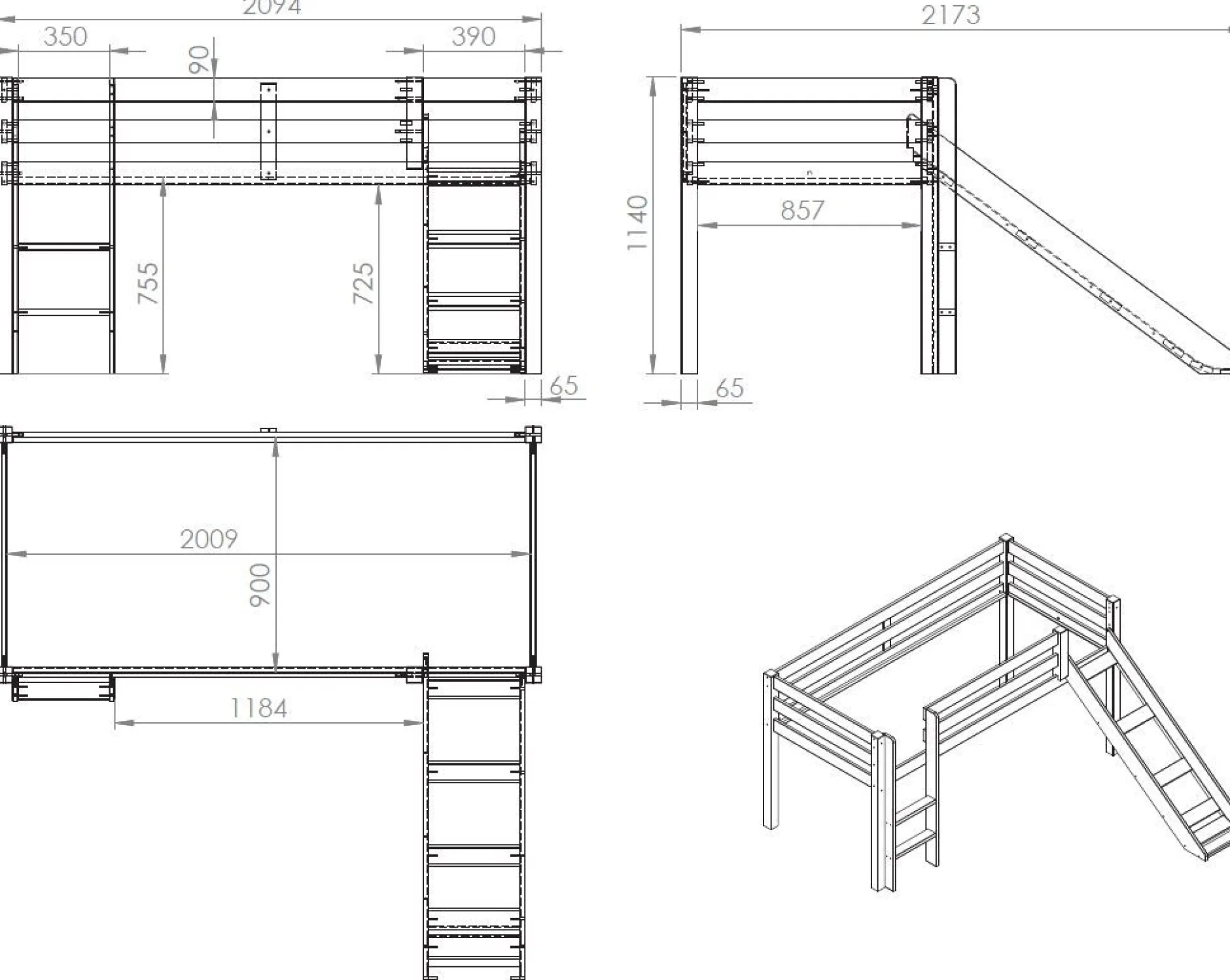 Halbhochbett mit Rutsche Astrid mit Schlafzelt, Tunnel und Stautaschen Princess II - grau