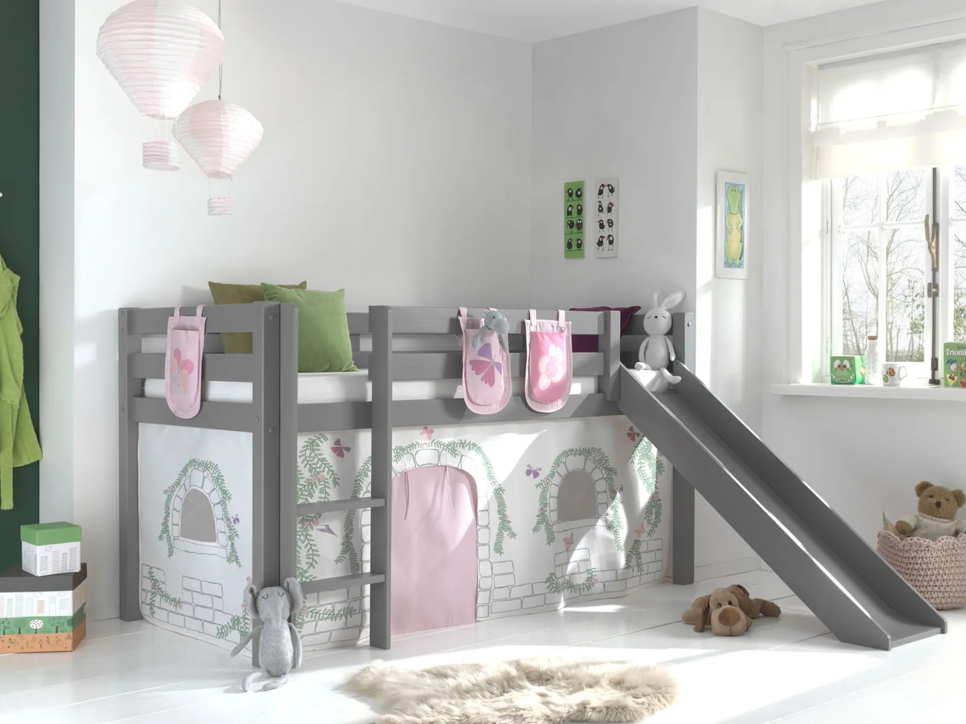 Halbhochbett mit Rutsche Astrid mit Schlafzelt und Stautaschen Birdy - grau