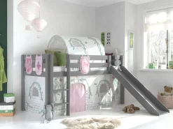 Halbhochbett mit Rutsche Astrid mit Schlafzelt, Tunnel und Stautaschen Birdy - grau