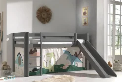 Halbhochbett mit Rutsche Astrid mit Schlafzelt Dino - grau