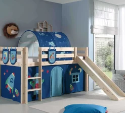 Halbhochbett mit Rutsche Astrid mit Schlafzelt, Tunnel und Stautaschen Astro - Kiefer