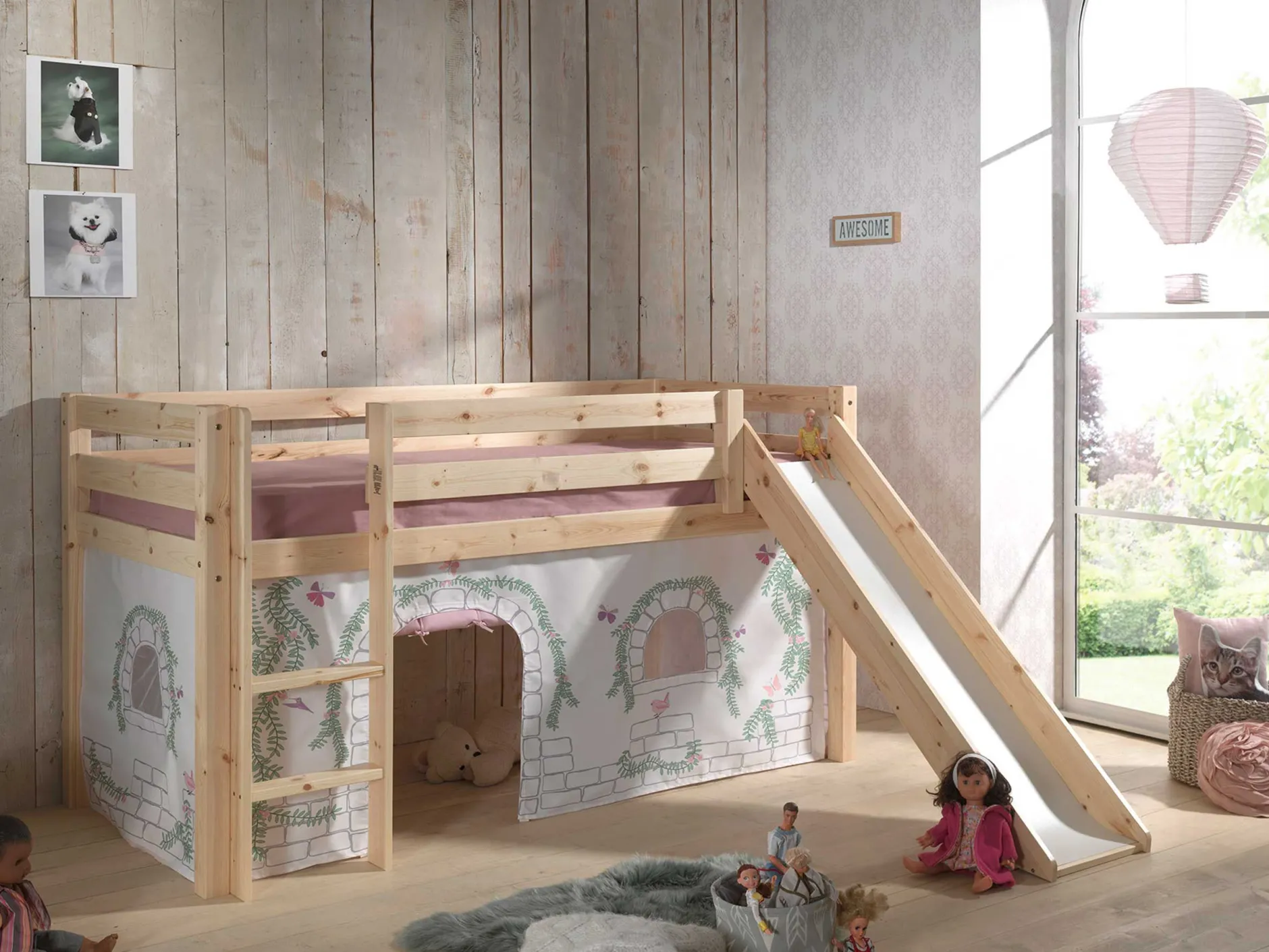 Halbhochbett mit Rutsche Astrid mit Schlafzelt Birdy - Kieferholz