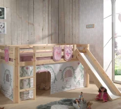 Halbhochbett mit Rutsche Astrid mit Schlafzelt und Stautaschen Birdy - Kieferholz