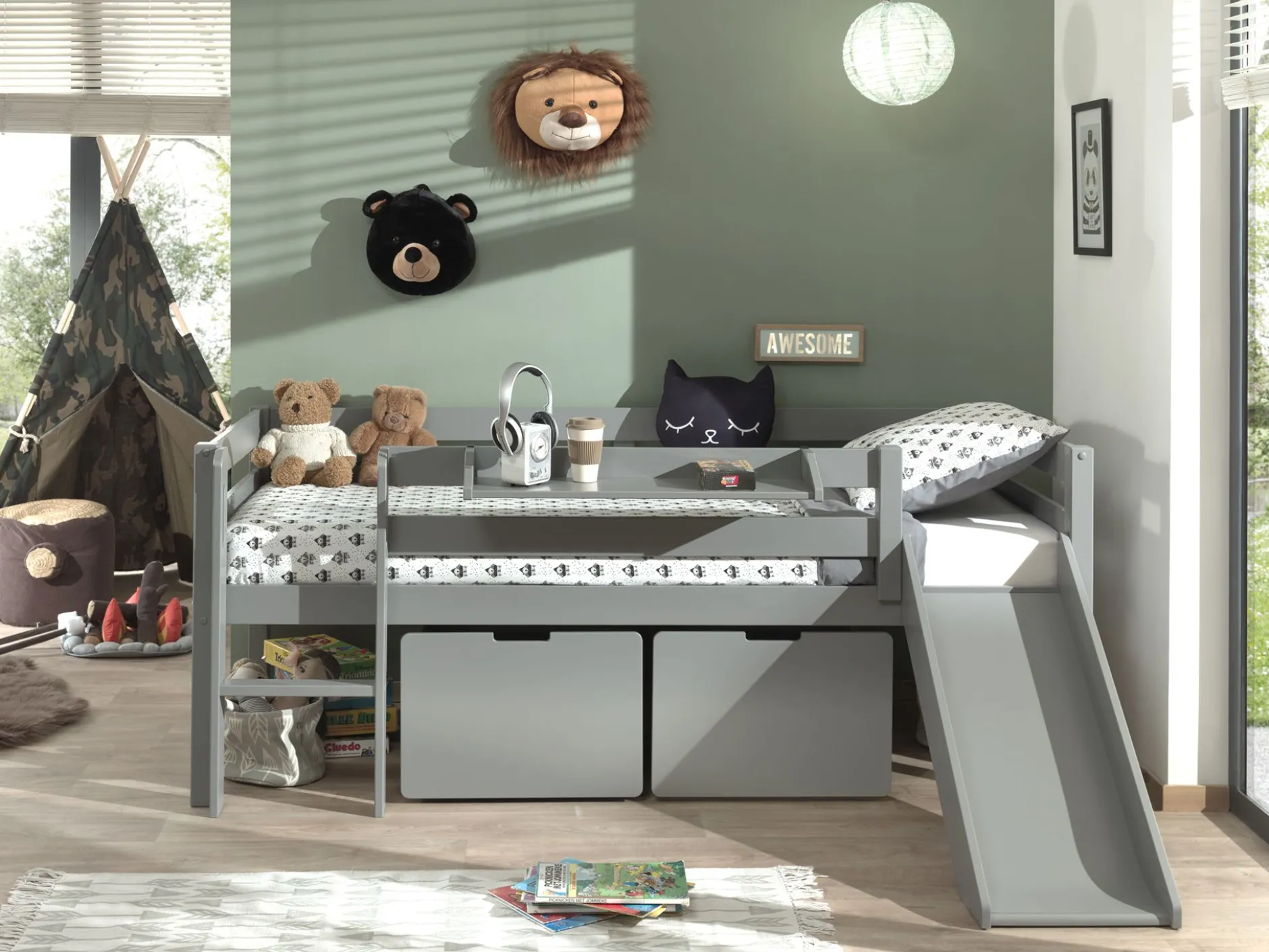 Halbhochbett mit Rutsche Pip 90 x 200 mit 2 Schubladen und Regal Kiefer - grau