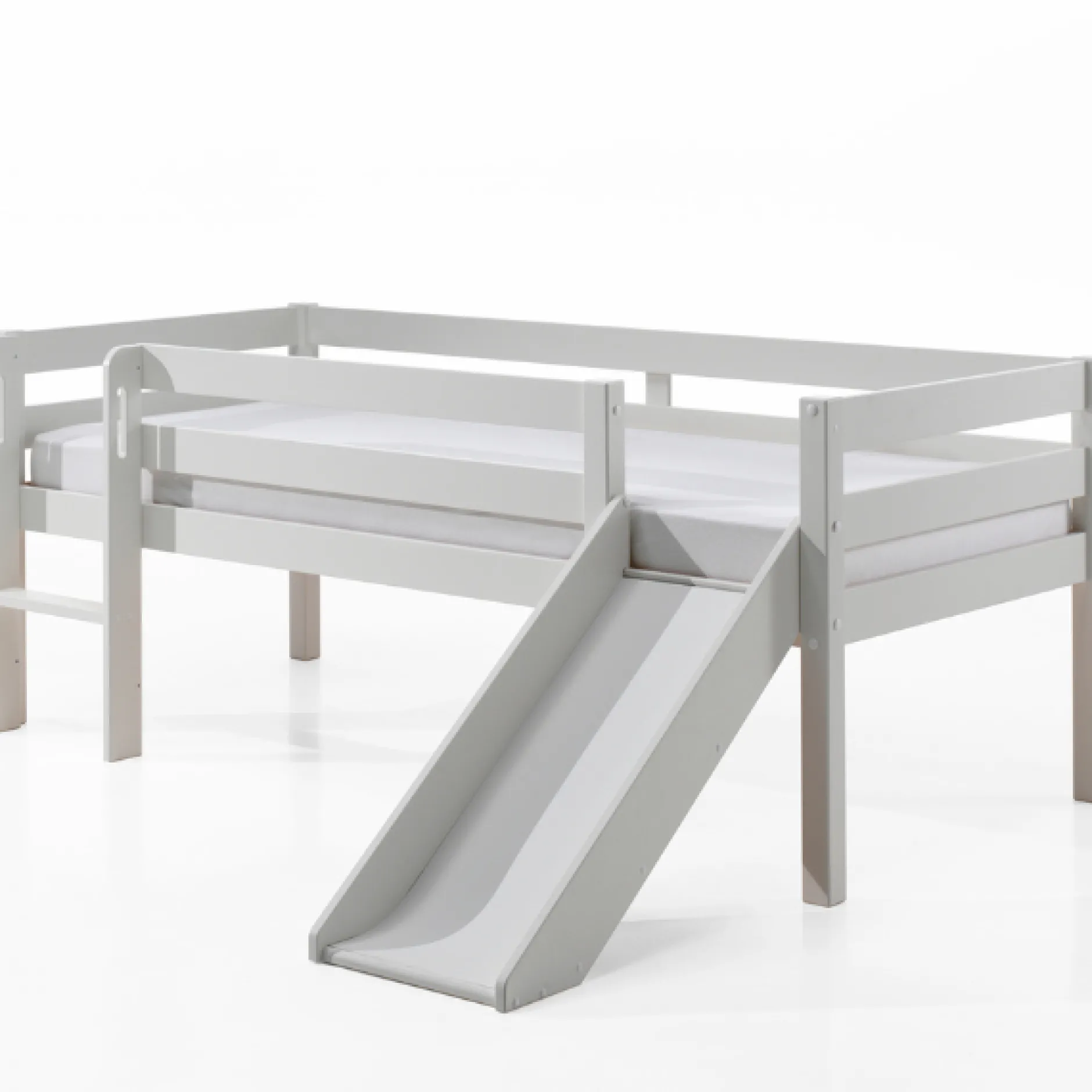 Halbhochbett Pip 90x200 cm mit Rutsche, 2 Schubladen und 1 Wandregal-weiß