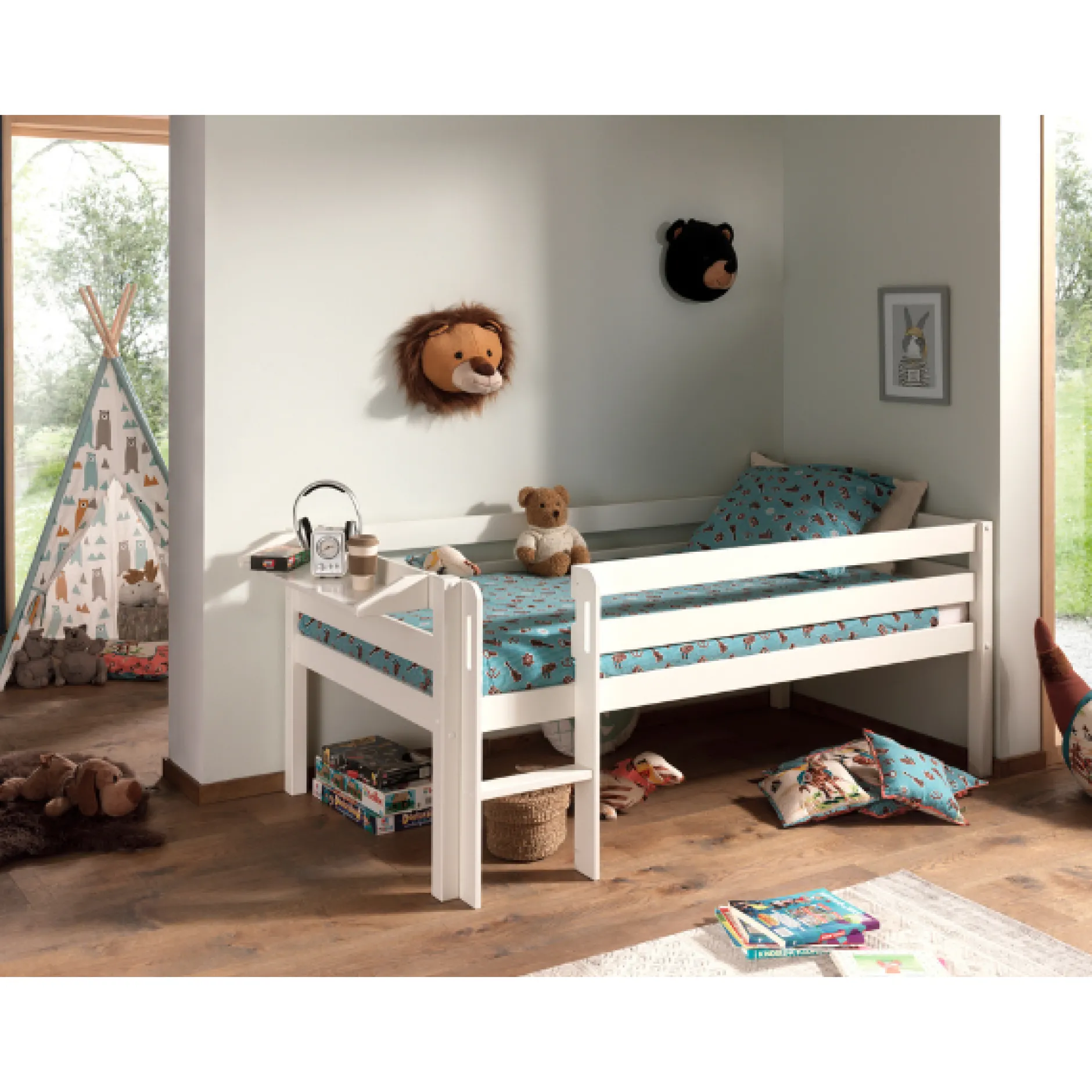 Halbhochbett Pip 90x200 cm mit 1 Wandregal-weiß
