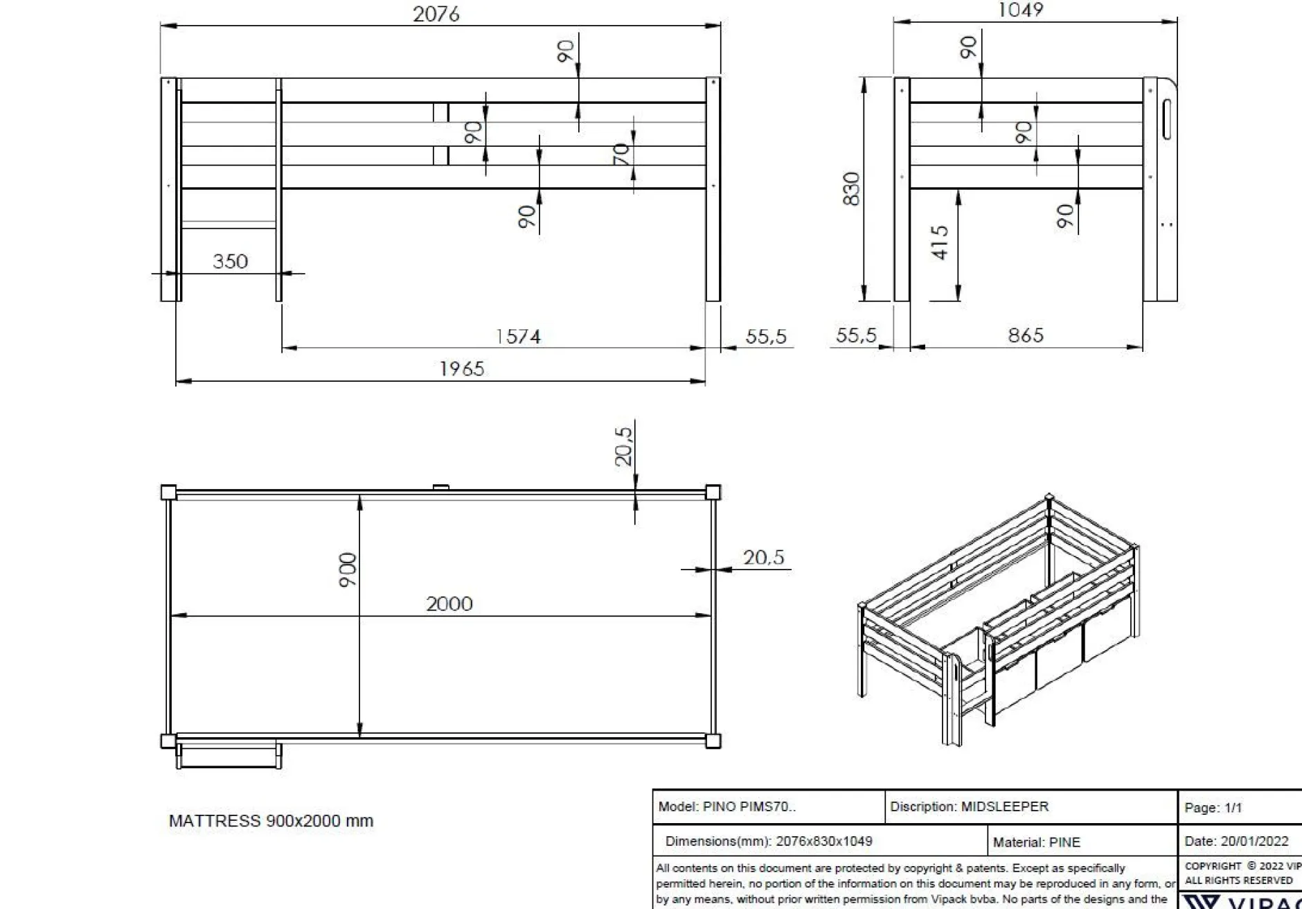 Halbhochbett Pip 90 x 200 Kiefer - grau