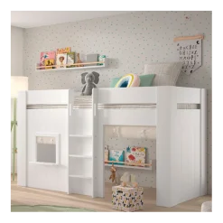 Halbhochbett Reno mit Spielhaus und Vorhängen - 206x128x120 cm - Weiß