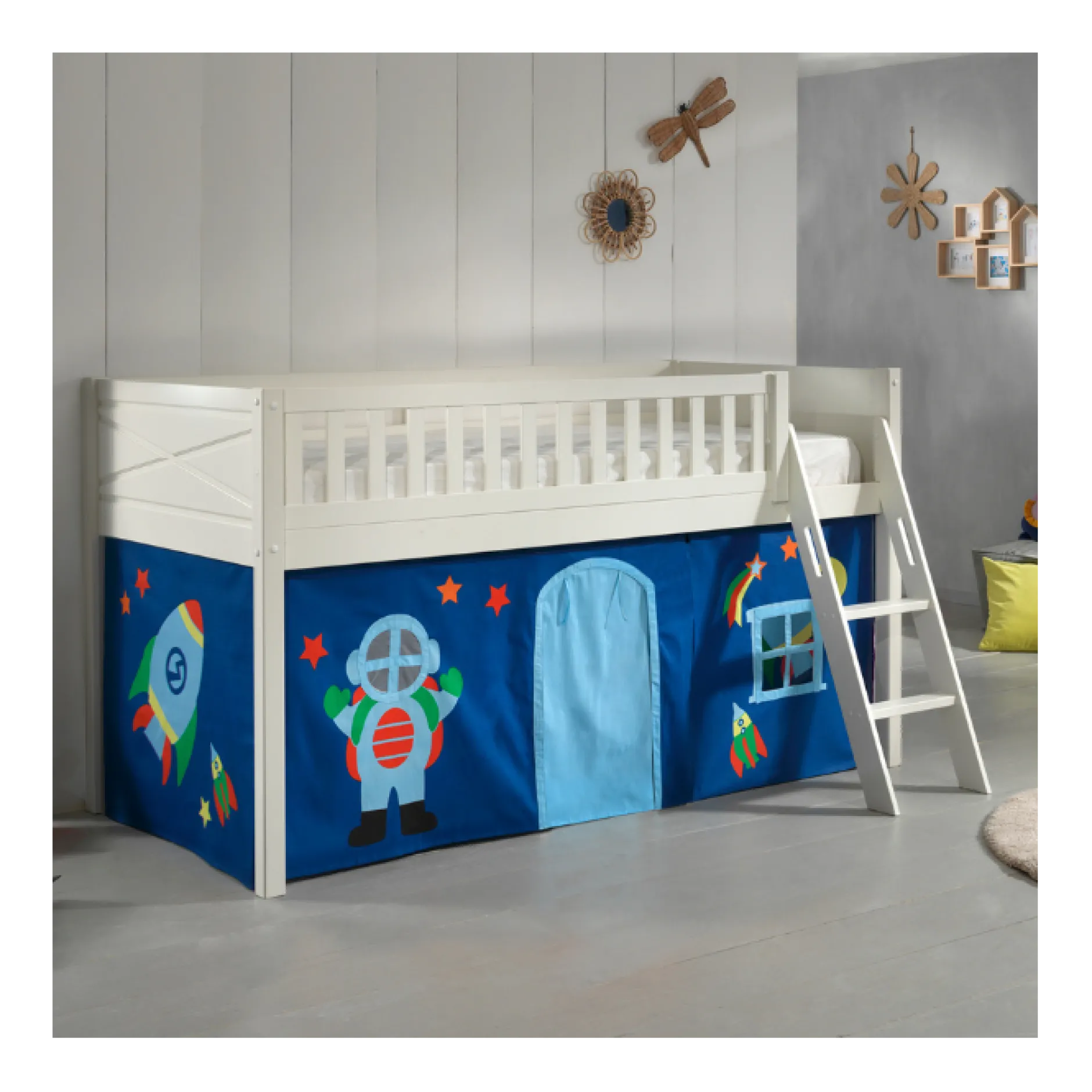 Halbhochbett Scottie 90x200 cm mit Astronauten-Spielvorhang-weiß