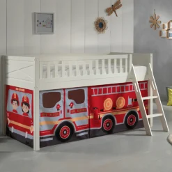 Halbhochbett Scottie 90x200 cm mit Feuerwehrauto Spielvorhang-weiß