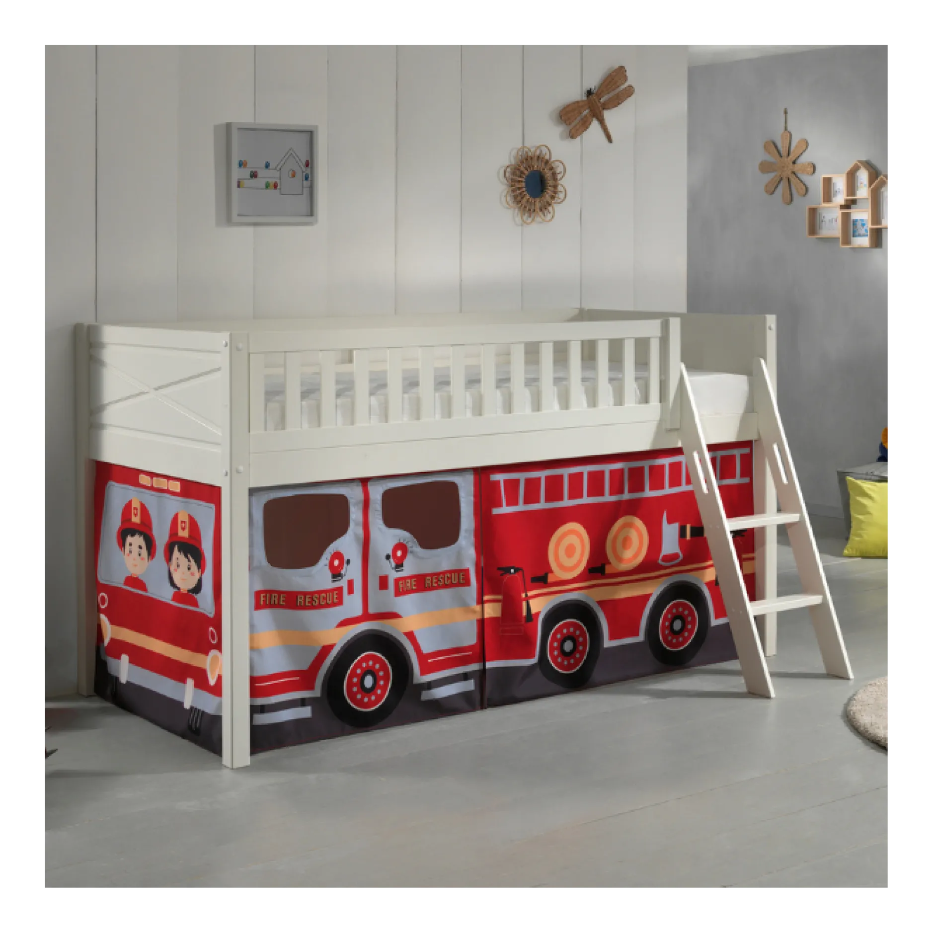 Halbhochbett Scottie 90x200 cm mit Feuerwehrauto Spielvorhang-weiß