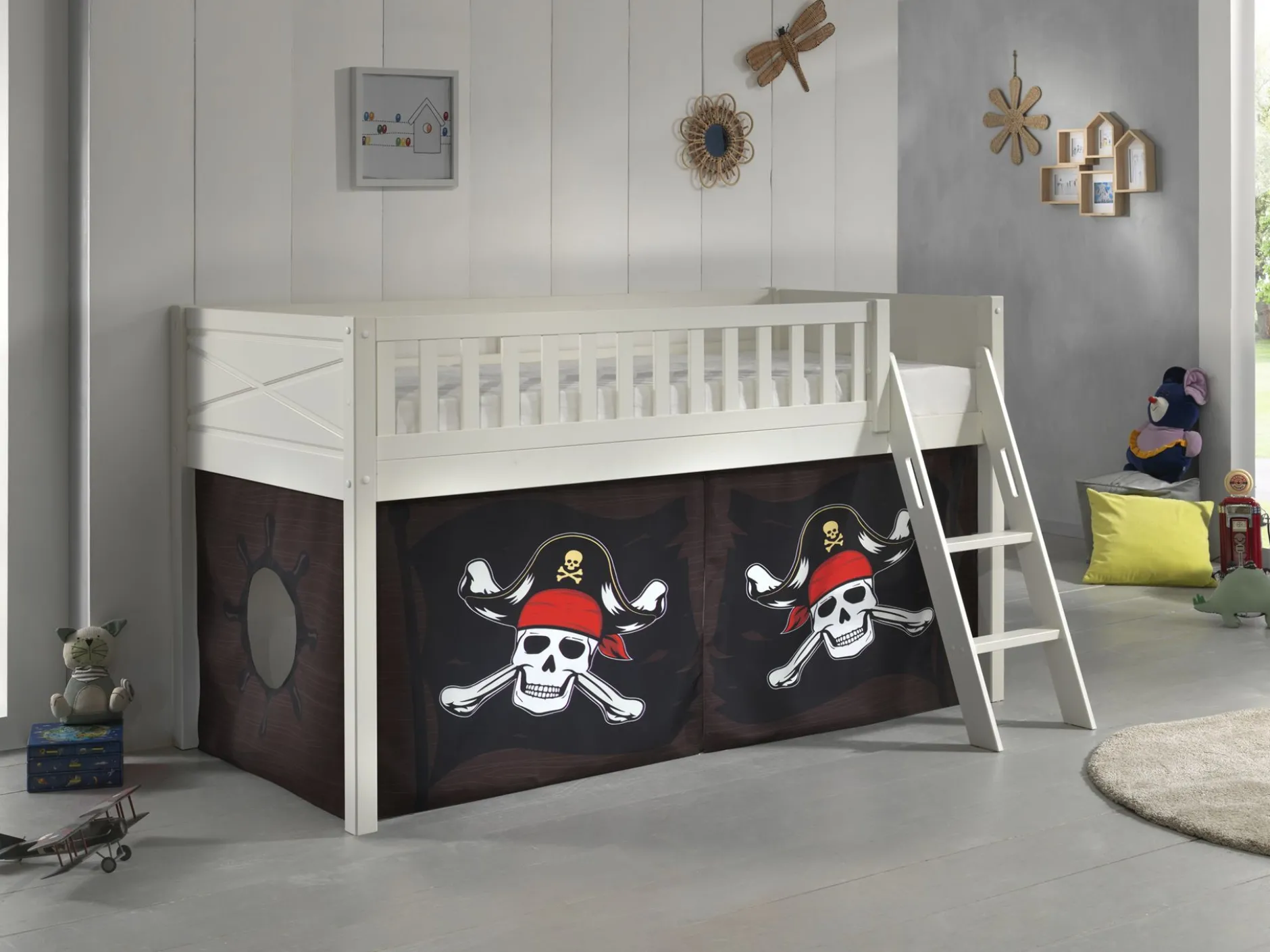 Halbhochbett Scottie 90x200 cm mit Piratenspielvorhang-weiß