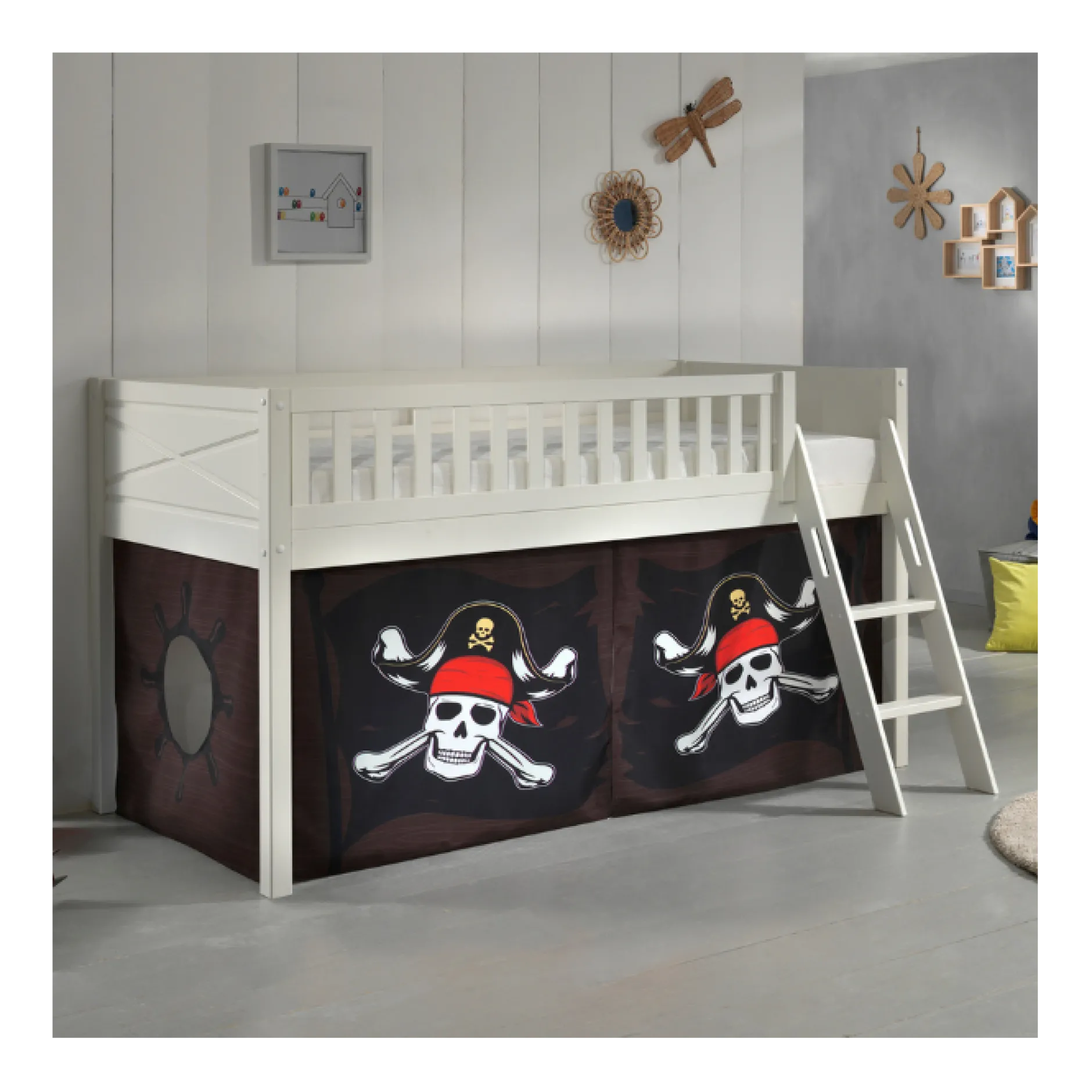 Halbhochbett Scottie 90x200 cm mit Piratenspielvorhang-weiß