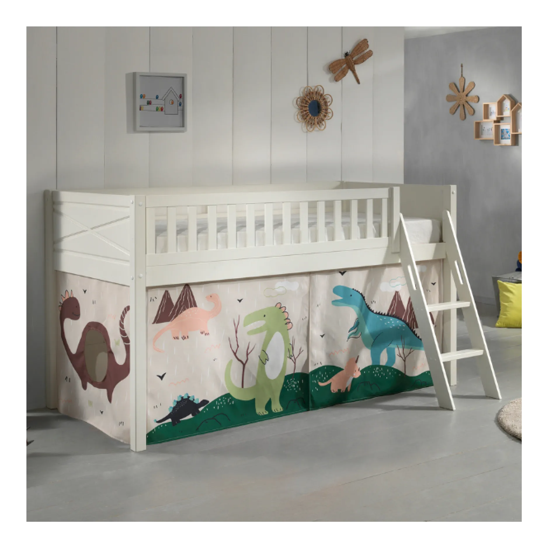 Halbhochbett Scottie 90x200 cm mit Dino-Spielvorhang-weiß