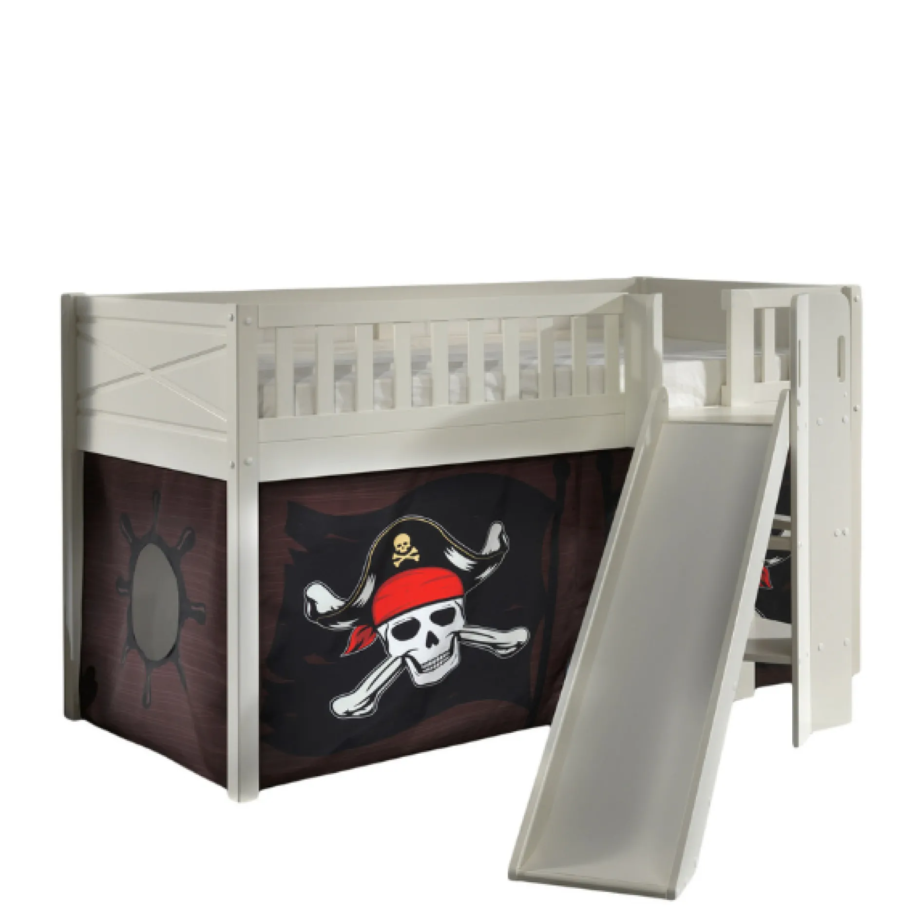 Halbhochbett Scottie 90x200 cm mit Rutsche und Piratenspielvorhang-weiß