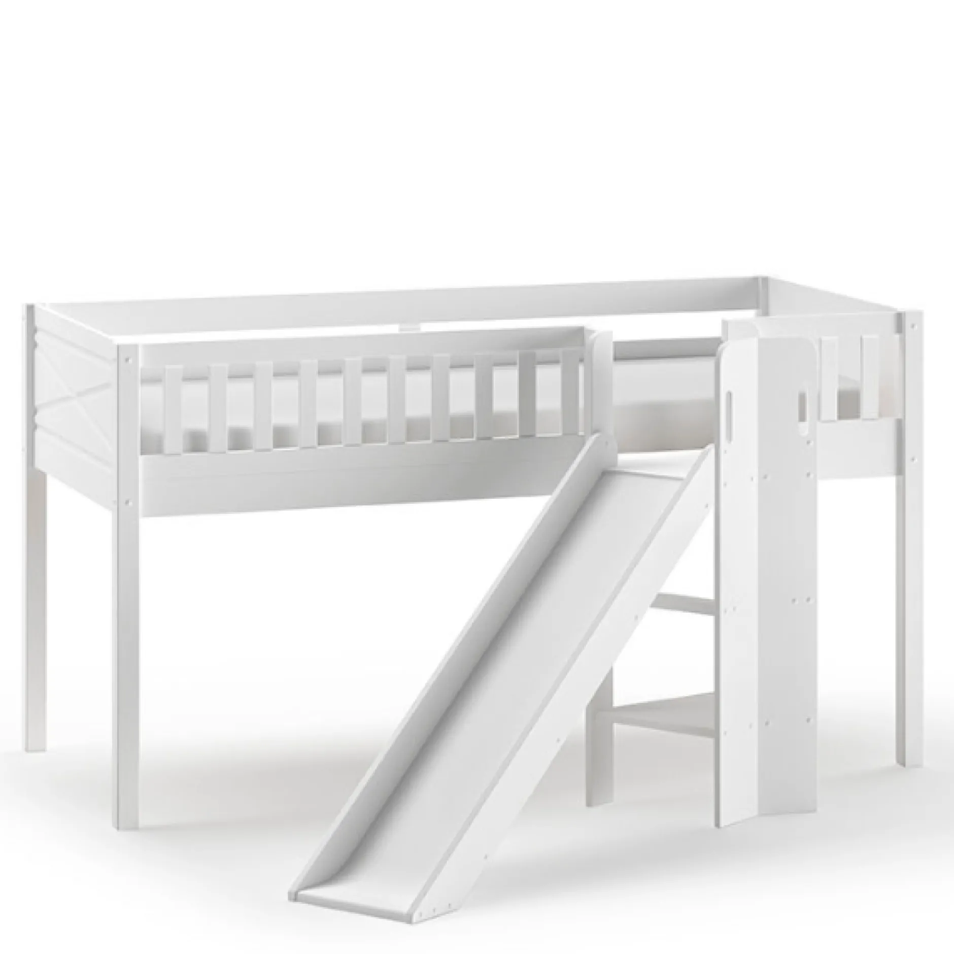 Halbhochbett Scottie 90x200 cm mit Rutsche und Raumschiff-Spielvorhang-weiß