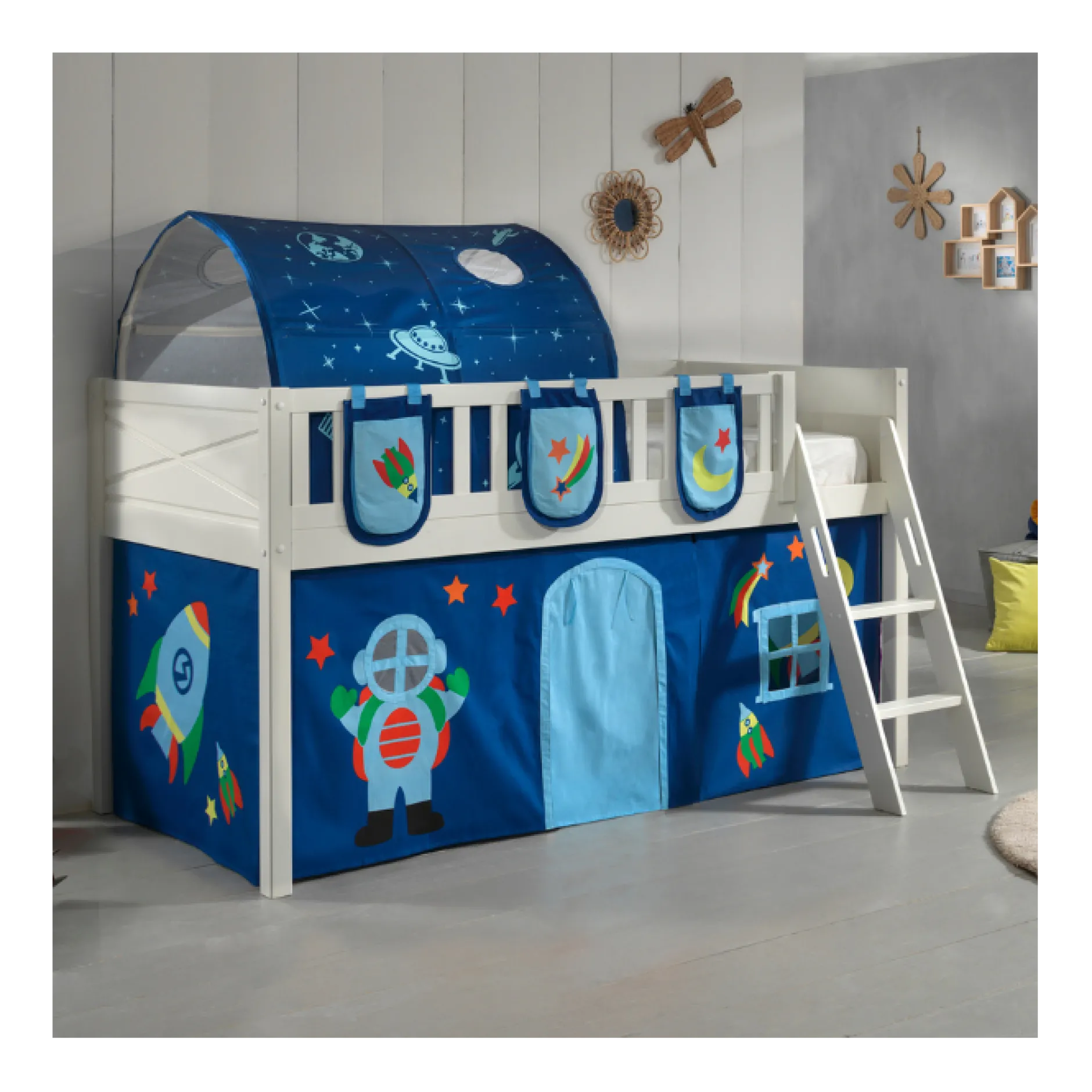 Halbhochbett Scottie 90x200 cm mit Astronautenspielvorhang, 3 Aufbewahrungstaschen und Betttunnel-weiß