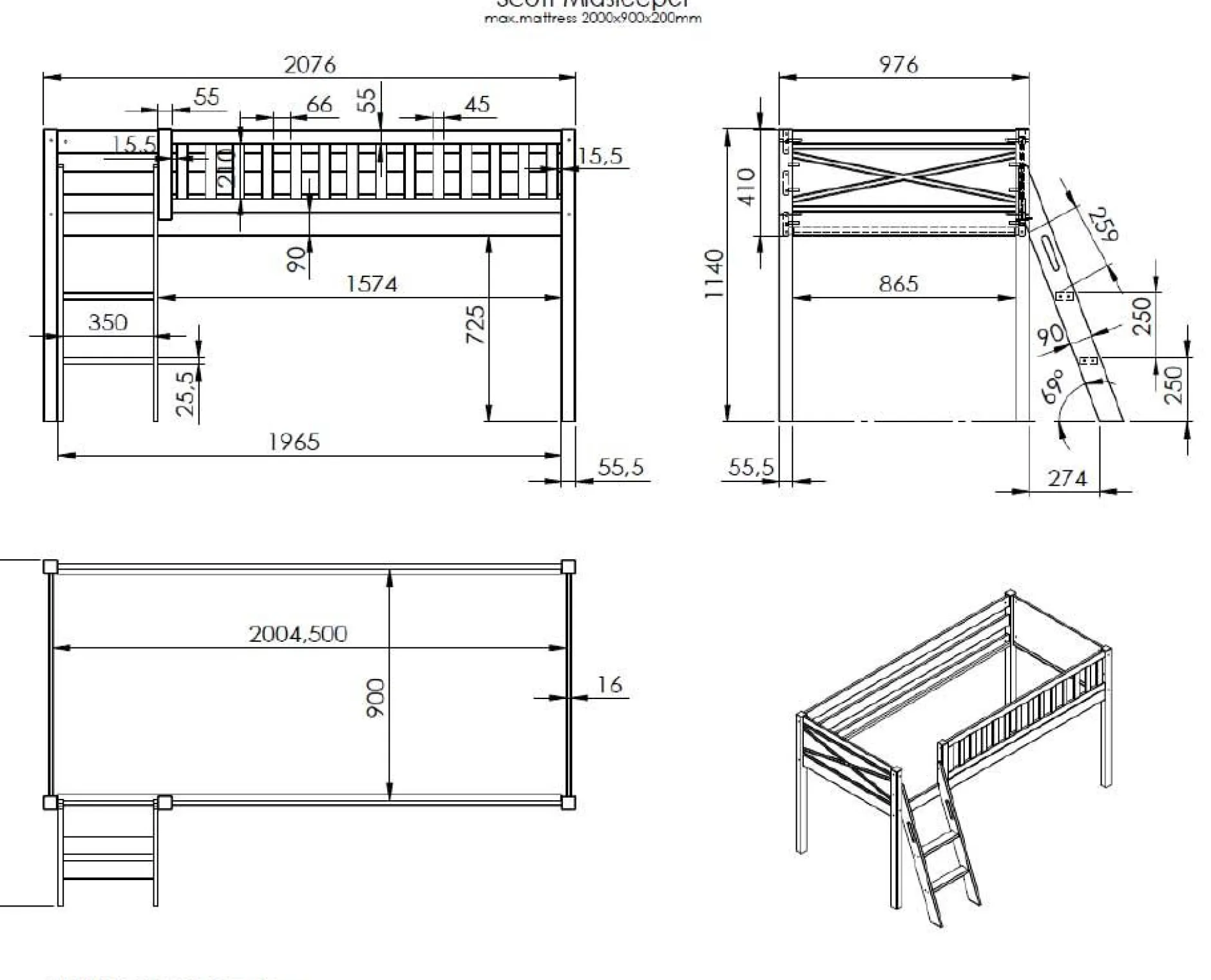 Halbhohes Bett Scottie 90x200 cm-weiß