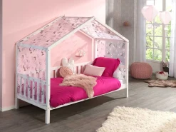 Hausbett Dallas 2 90x200 mit Bettkasten und Voile mit Schmetterlingsmuster - weiß/rosa