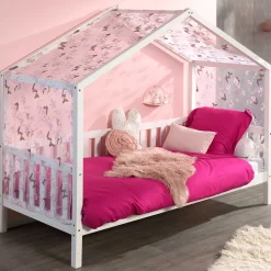 Hausbett Dallas 2 90x200 mit Bettkasten und Voile mit Schmetterlingsmuster - weiß/rosa