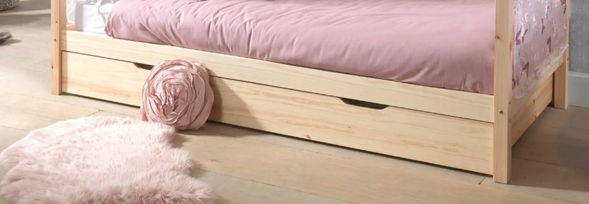 Hausbett Dallas 2 90x200 mit Bettkasten und Voile mit Schmetterlingsmuster - Kieferholz/rosa