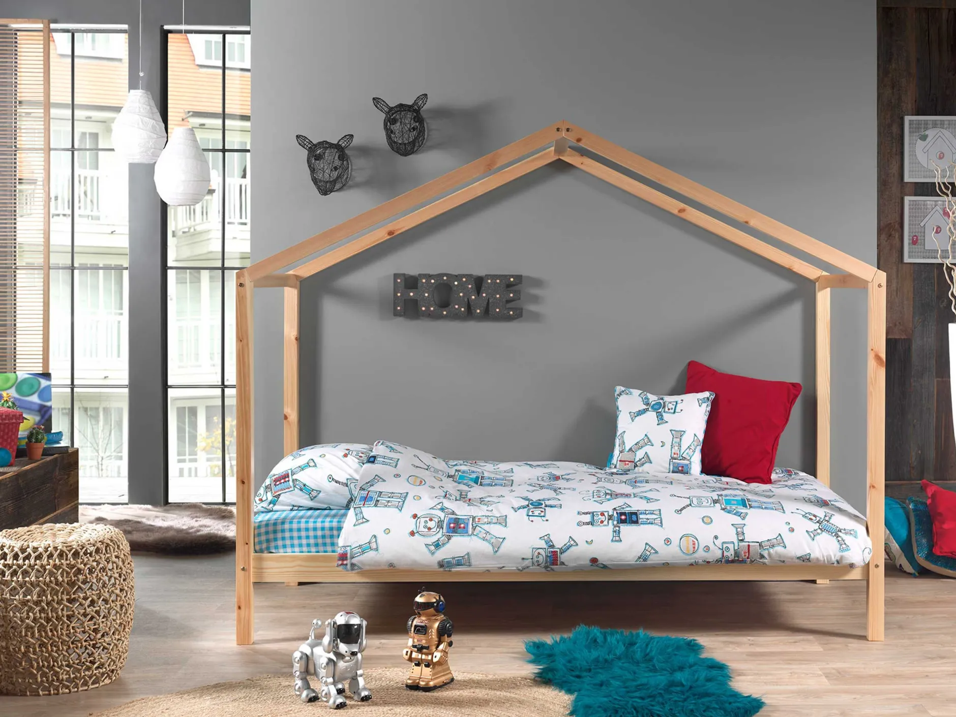 Hausbett Dallas 3 90x200 mit Bettkasten und Voile mit Schmetterlingsmuster - kieferholz/rosa