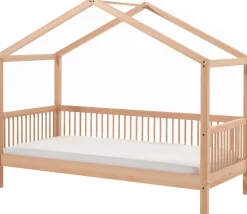 Hausbett Forrest 90x200cm mit Bettgitter und Bettkasten - Buche