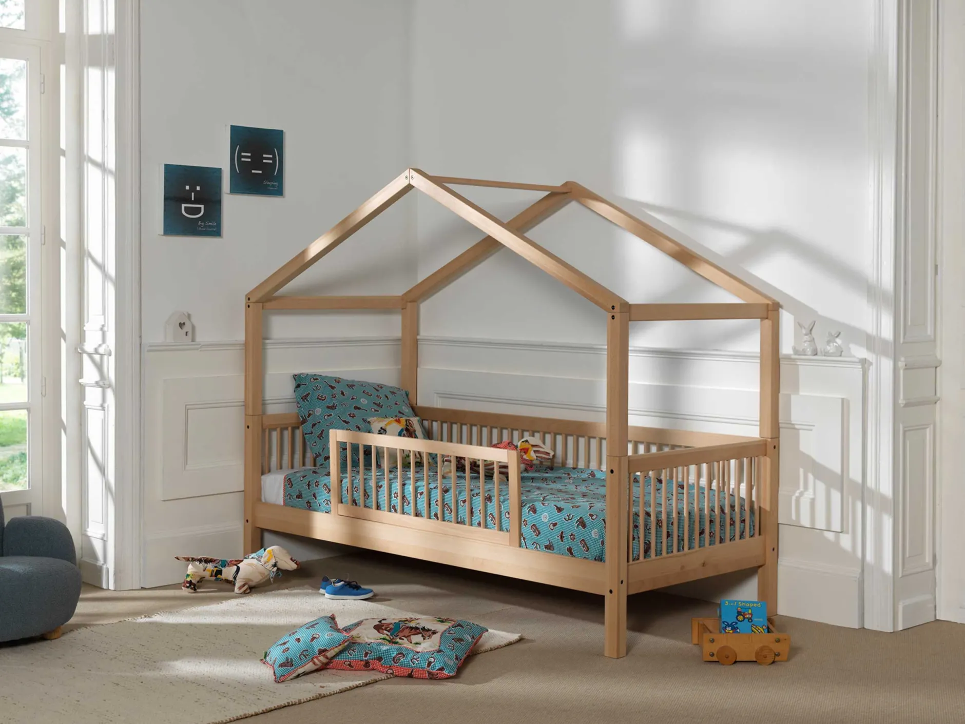 Hausbett Forrest 90x200cm mit Bettgitter - Buche